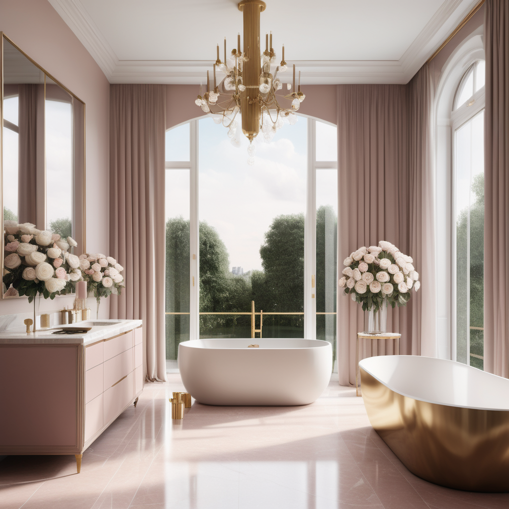 A hyperrealistic image of a grand, elegant modern Parisian master bathroom in a beige oak brass and dusty rose colour palette with floor to ceiling windows showing views of the white roses in the garden, a brass modern chandelier, an accessory island, curves
