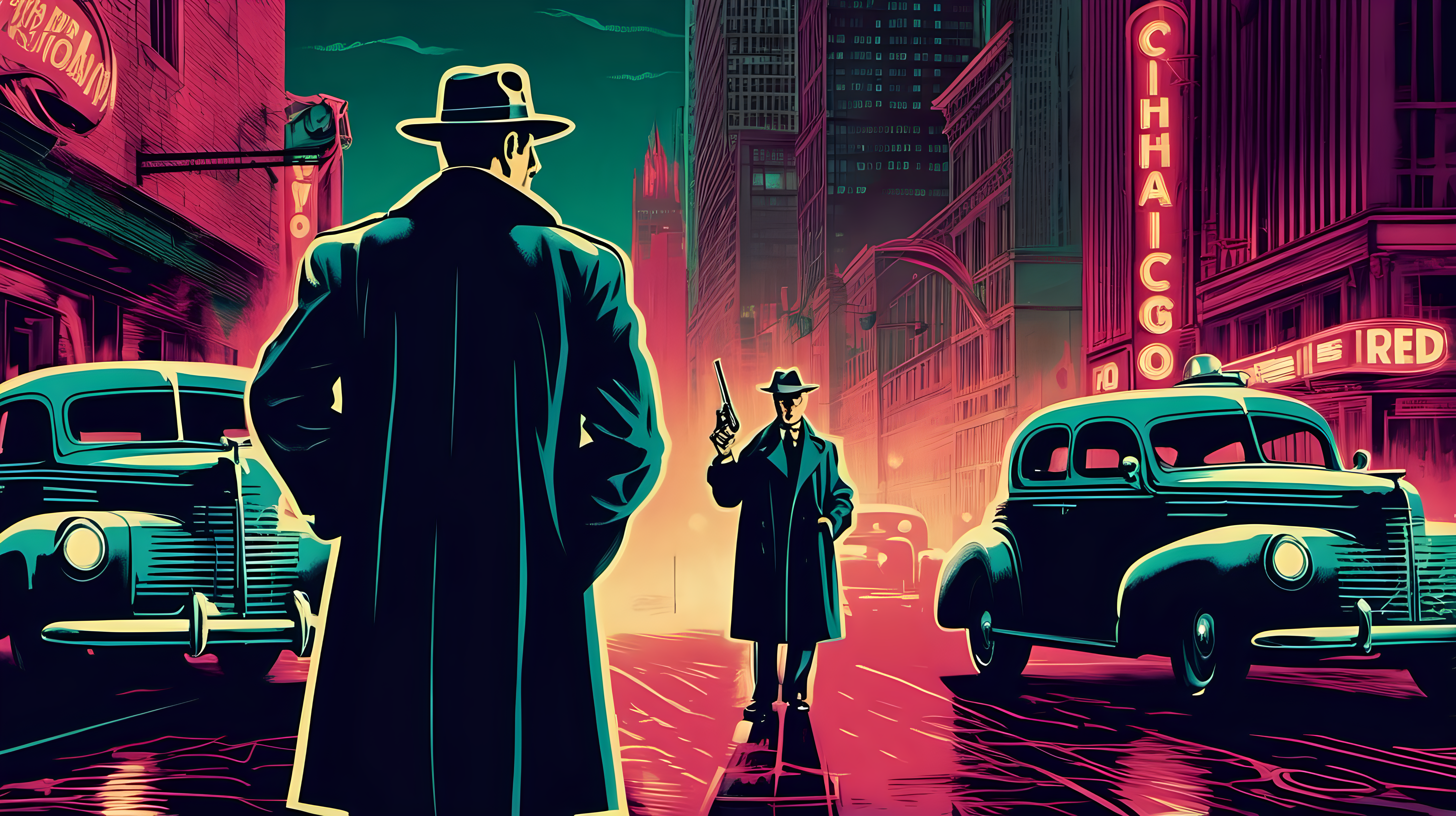 A detective with a revolver standing in the foreground on a downtown neon Chicago street circa 1940. Vintage retro style.