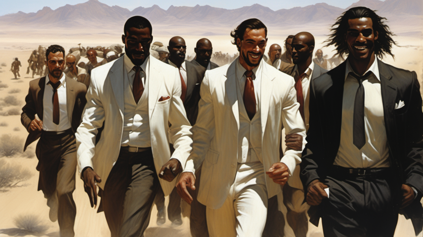 three black & spanish men with a smile leading a group of gorgeous and ethereal white,spanish, & black mixed men & women with earthy skin, walking in a desert with his colleagues, in full American suit, followed by a group of people in the art style of  Gabriele Dell'otto comic book drawing, illustration, rule of thirds