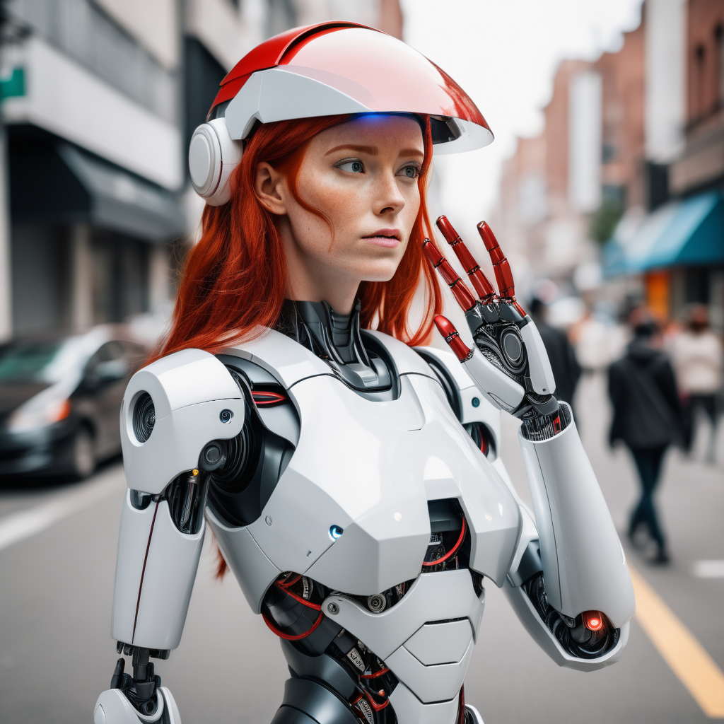 robot woman with red hair and tech visor, holding hand to head, street, day