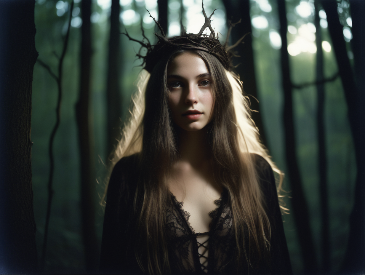 A beautiful slim woman in her twenties with long open hair, wearing witch attire,  thorn crown on head, in a forest, dark forest, she is alone, in the moonlit night, delicate hands, detailed face, detailed skin, detailed hands, photorealistic, gravure, AV, pro photography, slide film, photo book, window light, full body shot, soft body, window light, film grain, 35mm