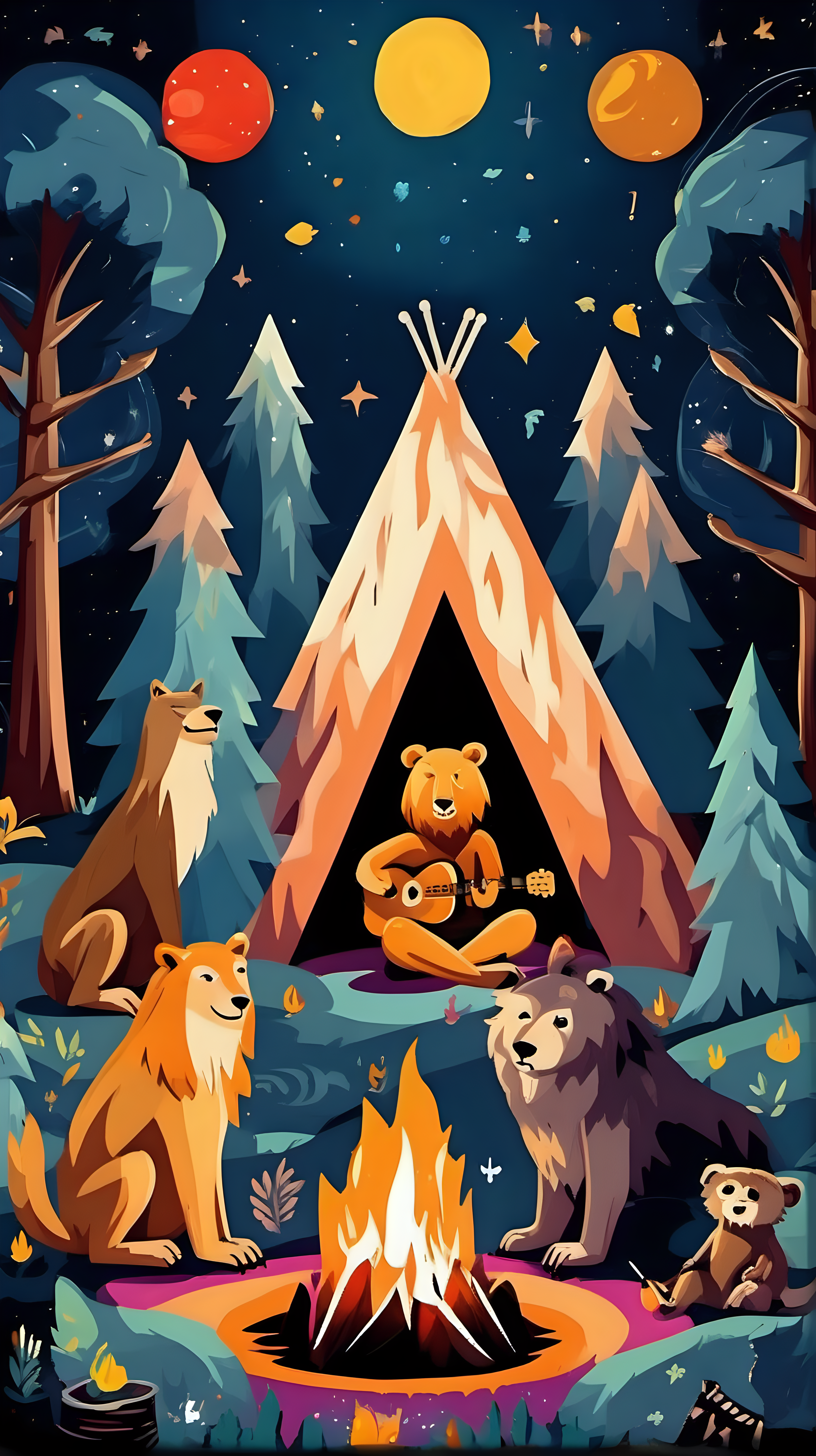 cosmic campfire with animals playing music lion bear wolf owl