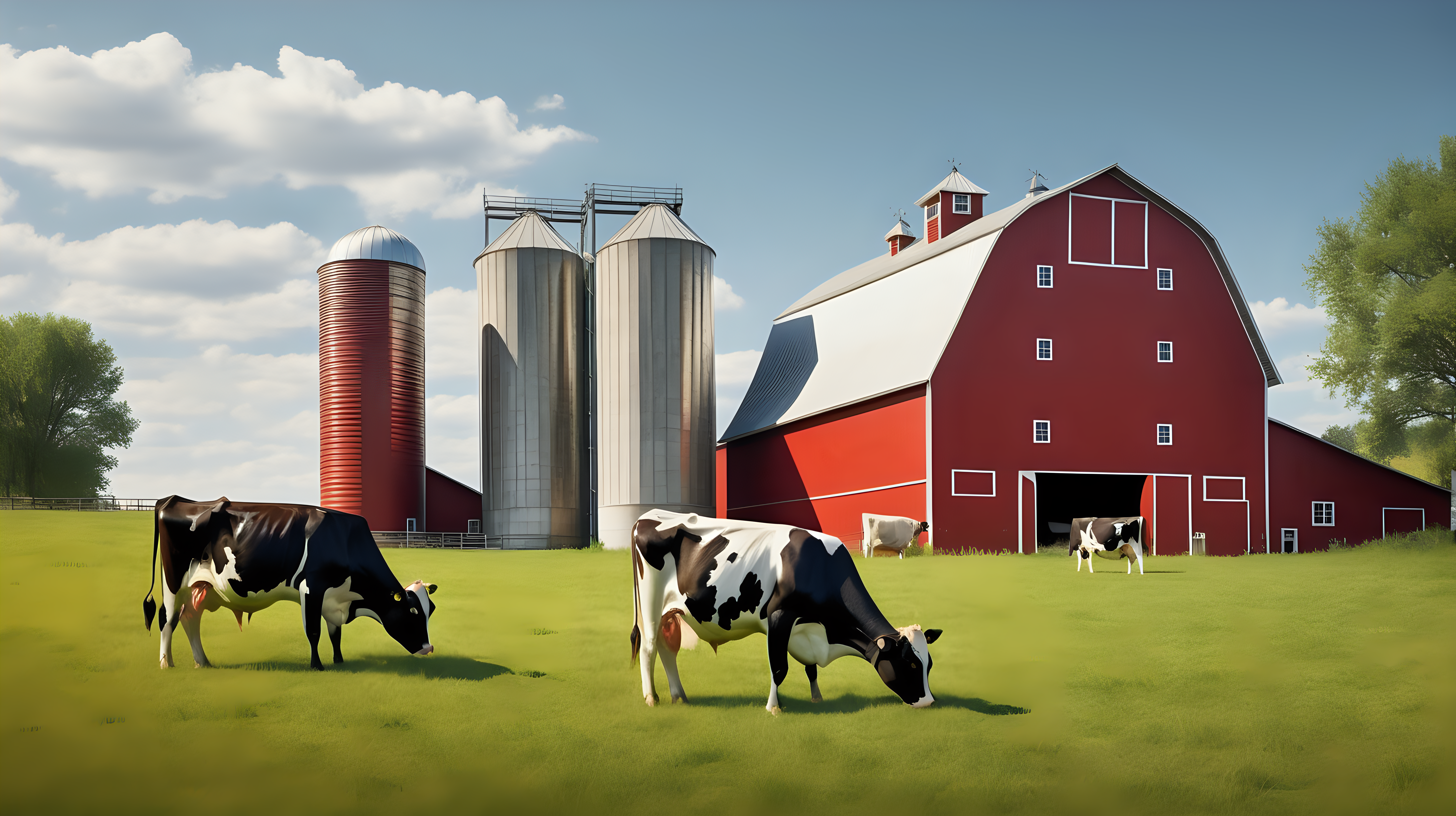 Cows grazing in a grassy farm pasture with red barn and silo. realistic photo