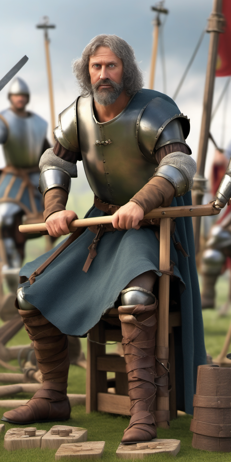 realistic medieval man in charge of a catapult team