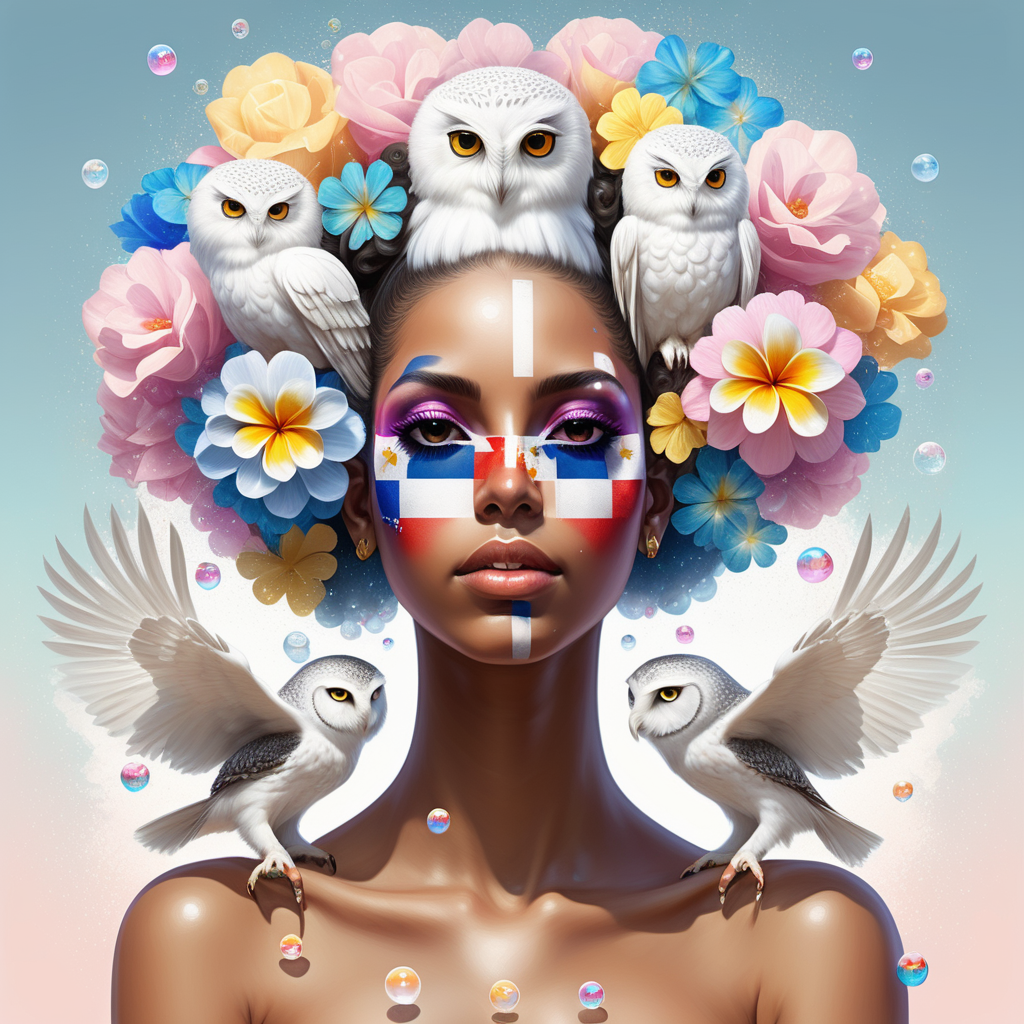  abstract Exotic Dominican woman with soft-looking pastel flowers that melt in her hair

twelve floating crystal balls look like bubbles in the air
 
 Dominican flag 
 and white owls

Dominican flag
