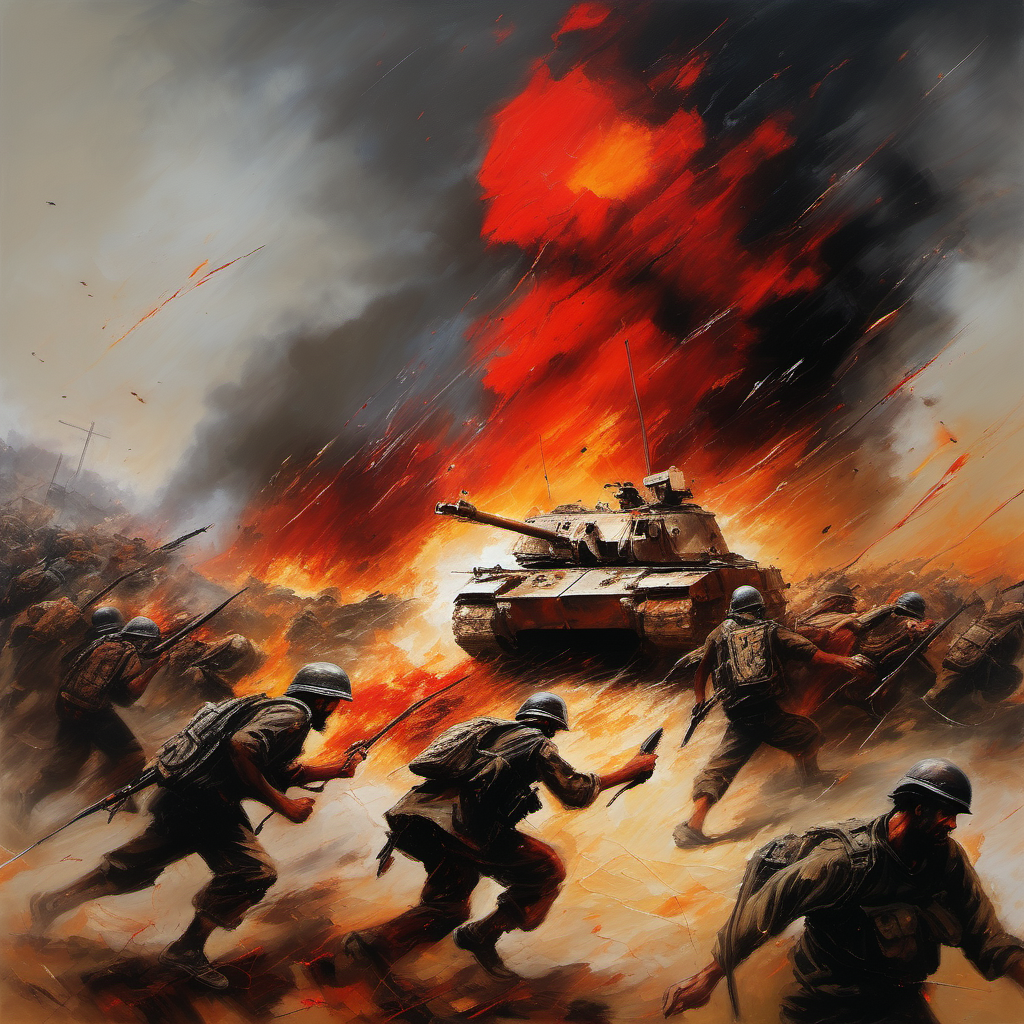 Turning Point Battles: An epic, cinematic-style painting depicting a pivotal battle in Gaza, using a dramatic composition and a fiery color palette to convey the crucial nature of this turning point.