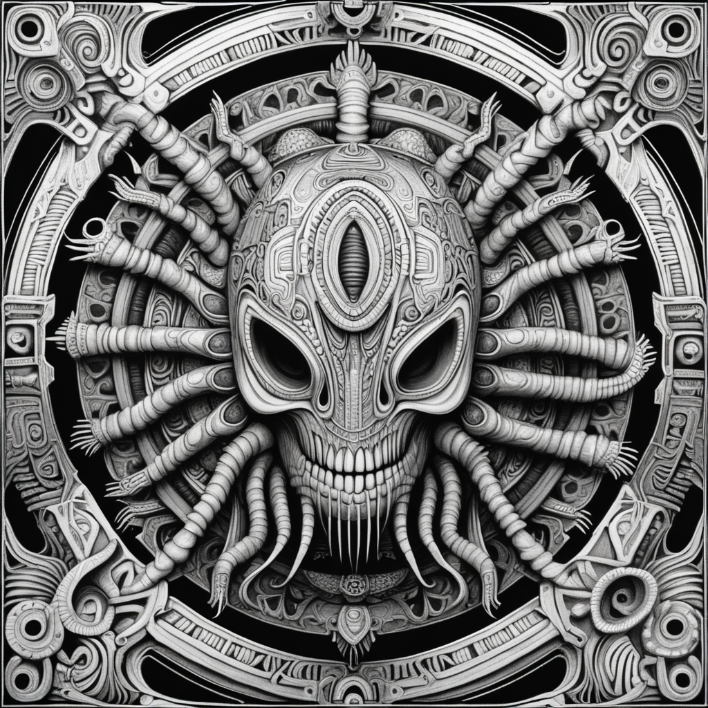black & white, coloring page, high details, symmetrical mandala, strong lines, beholder in style of H.R Giger