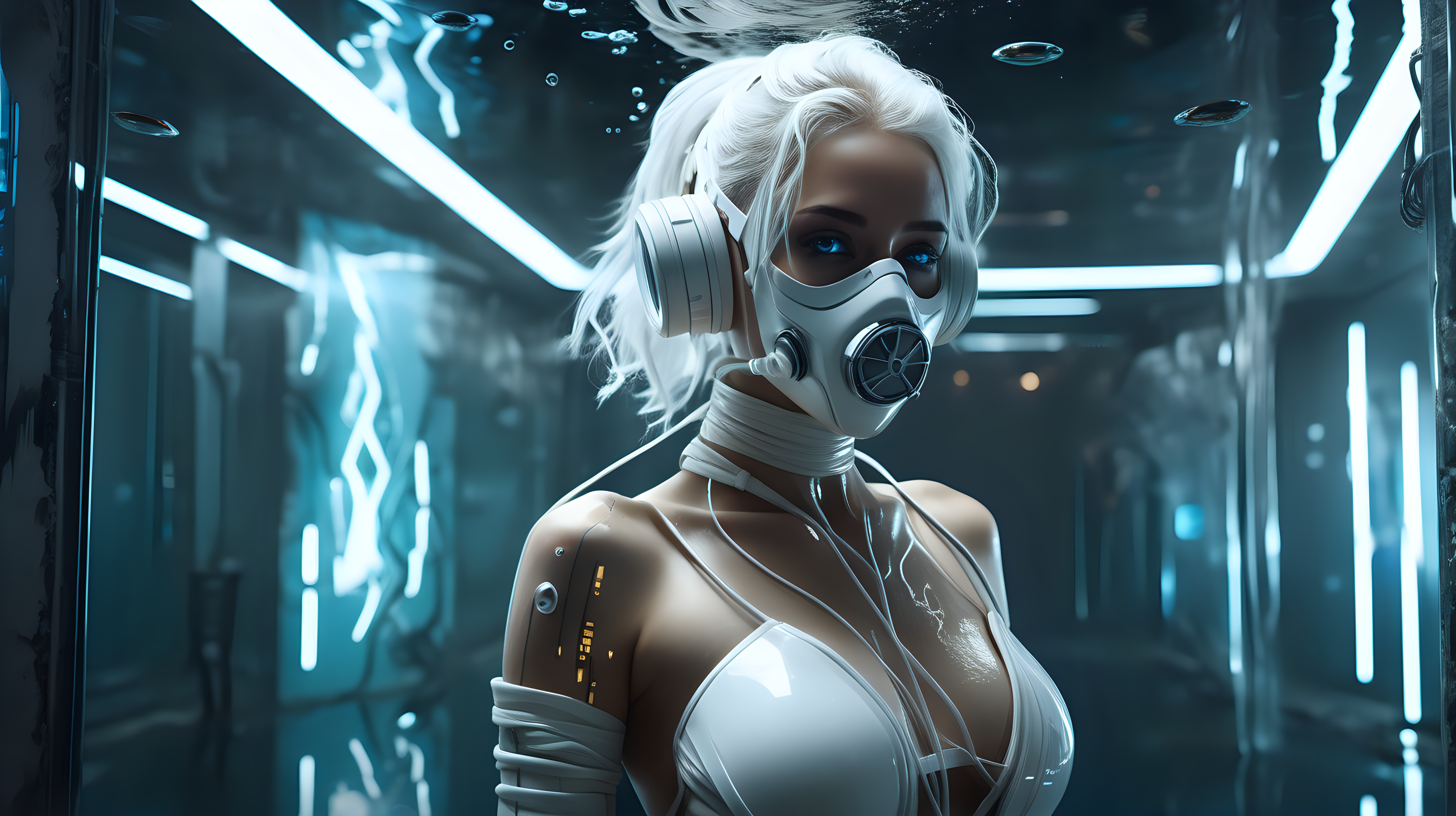 digital art, best quality, ultra realistic, ultimate detailed, sci-fi, centered composition, full-length body cinematic shot: stunning futuristic cyberpunk female, bandages cloathing, floating fully immersed and wired in a futuristic vertical healing chamber, underwater, sci-fi respirator mask, clear white eyes, detailed glass reflection, perfect woman forms, asymmetric white hair, gorgeous face, detailed natural skin, natural texture, diffused soft lighting