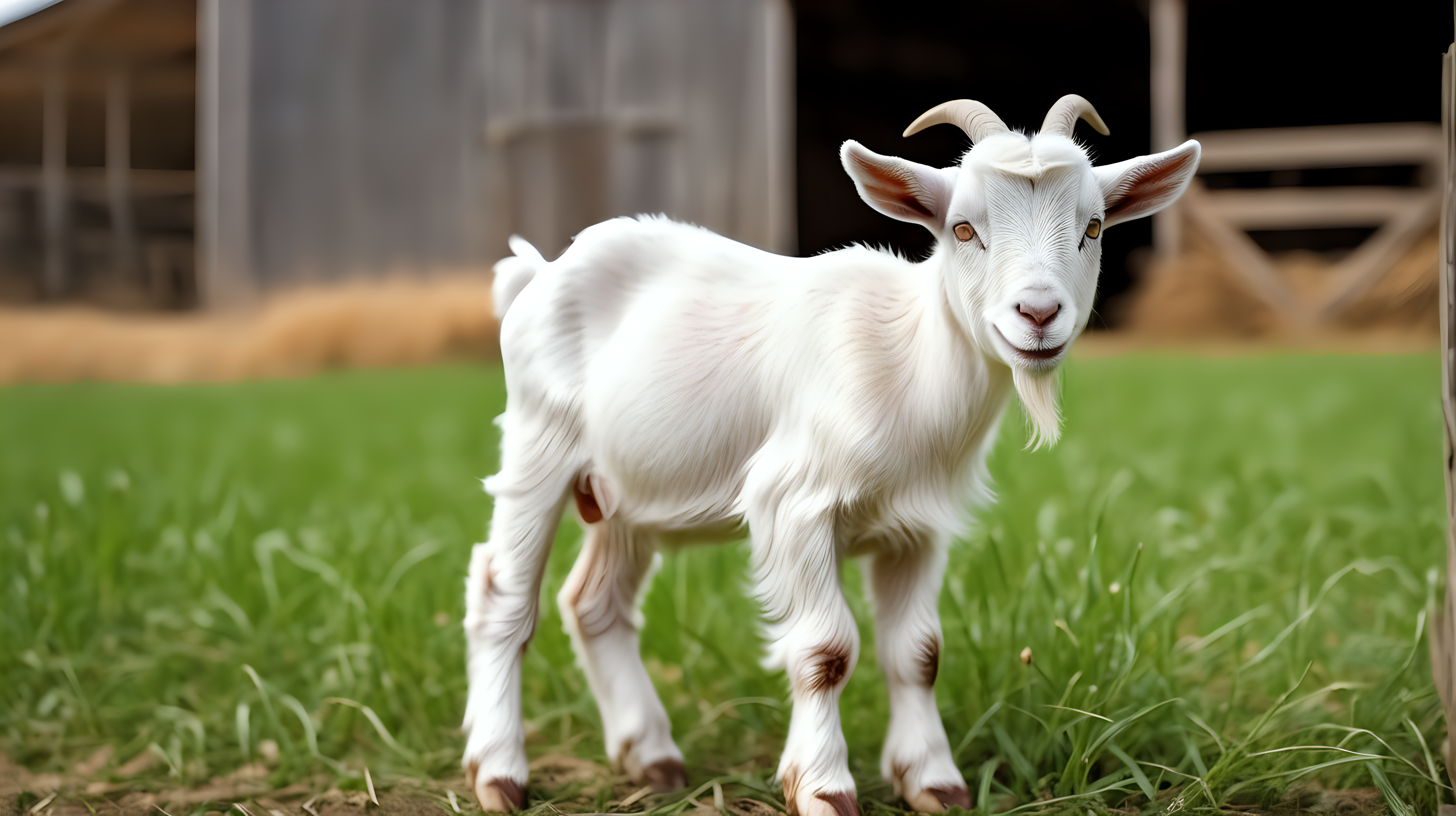 little goat in feild, farm barn background, isolated on background