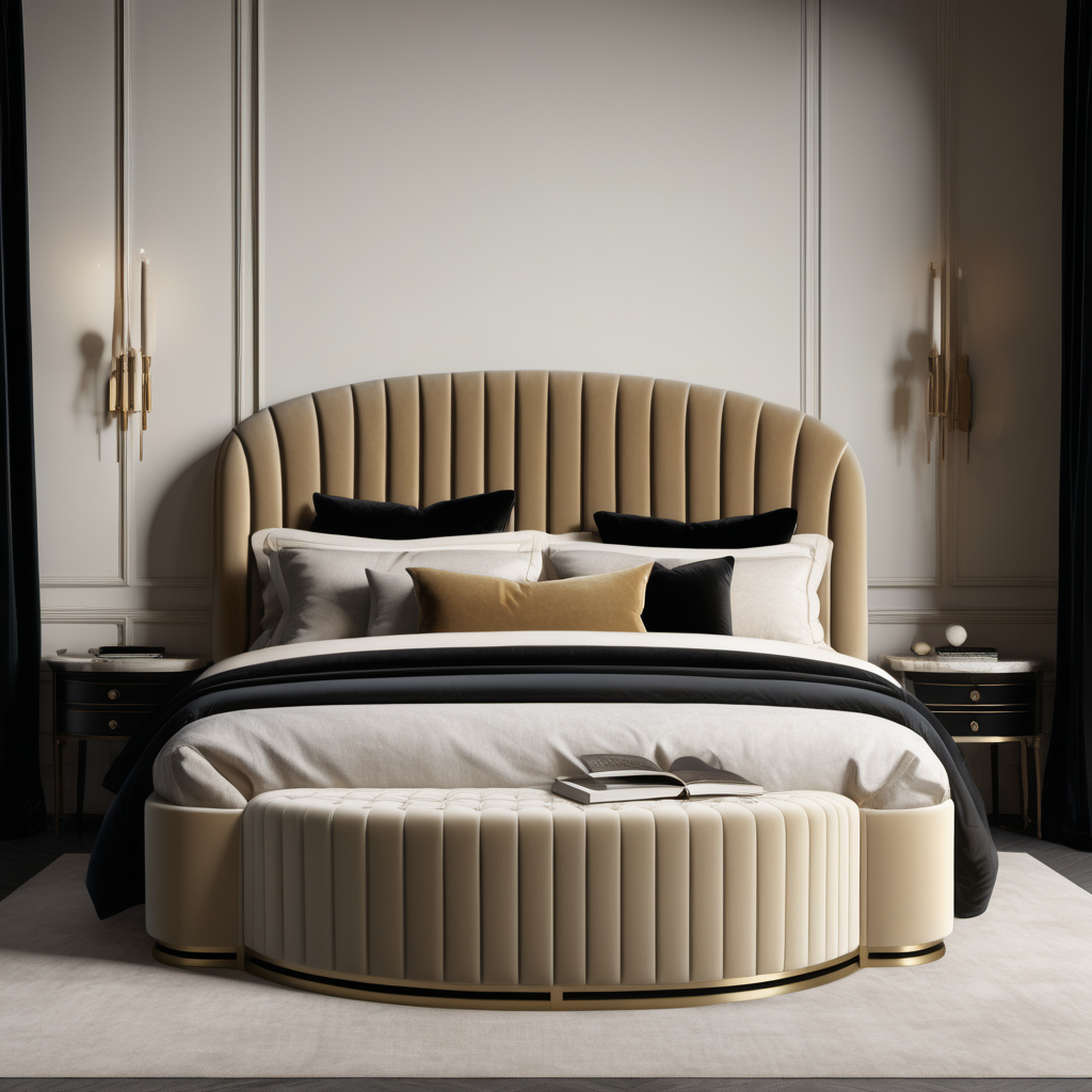 a hyperrealistic image of a velvet modern Parisian  king bed with curved headboard  in beige, oak, black and brass 
