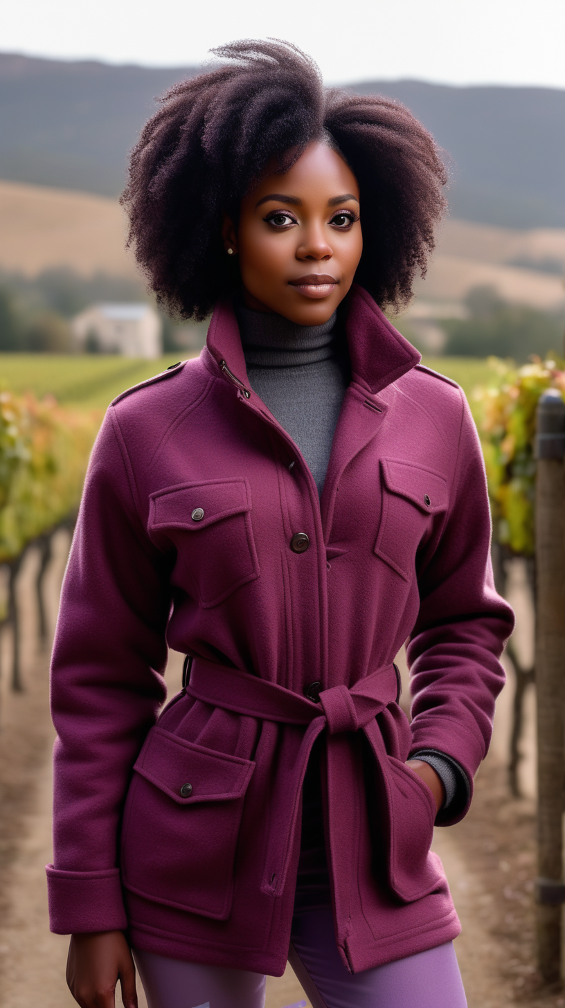 A cute, dark skinned, black woman, wearing feathered Black hair, wearing a maroon, three-quarter length, belted safari jacket, wearing a grey lambswool, mock neck sweater, wearing tight, Lavender Jeggings, standing in a winery, View is close up, from the waist up, 4k, realism, high definition clarity, light sources are large candles, sconces on the wall 