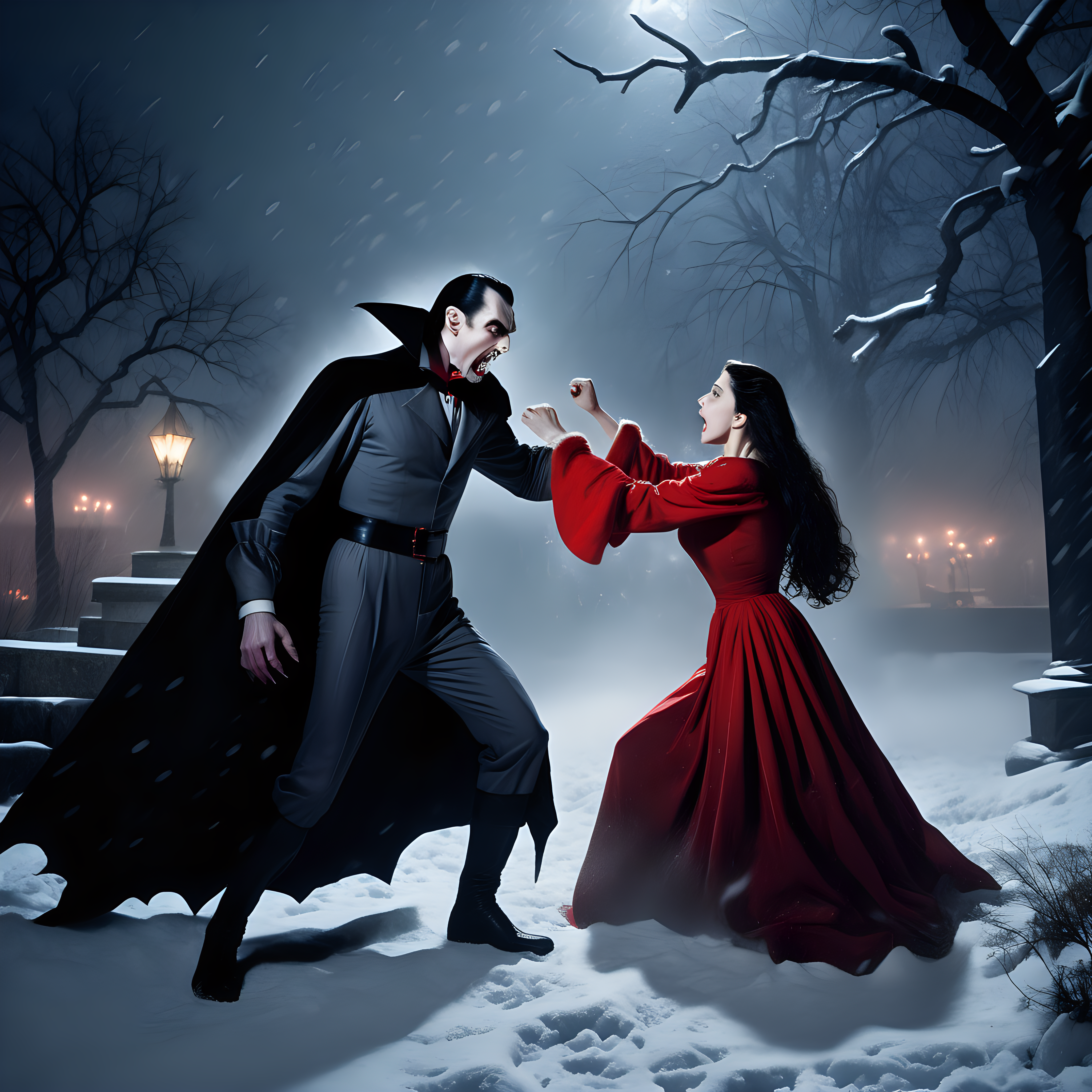 Dracula fighting Gorgo in winter snow storm at night