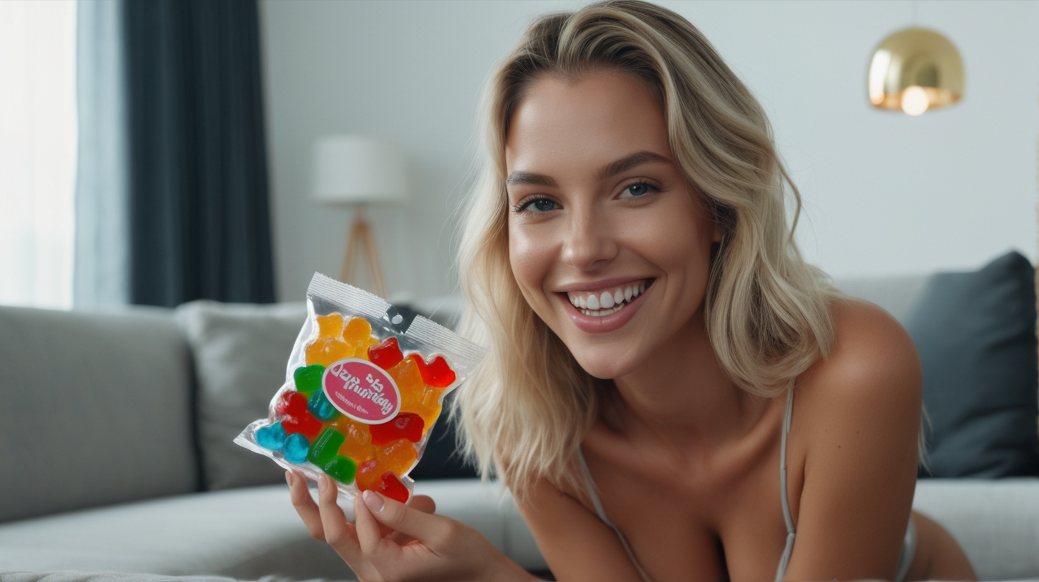 sexy woman smiling at the camera on the living room holding gummy packaging.