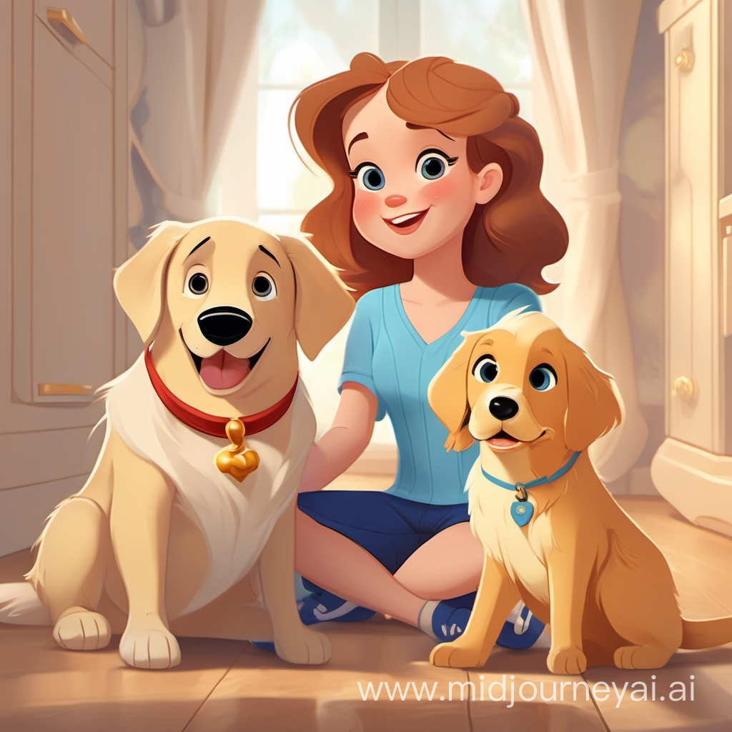 a baby with an adult labrador and an adult golden retriever in disney style