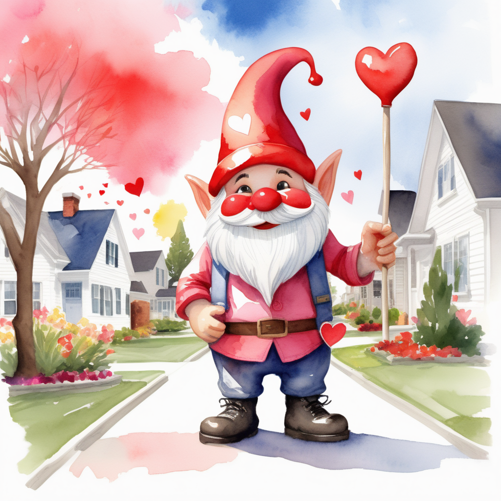 /envision prompt: A watercolor illustration of a valentine-themed gnome. Set in a charming suburban neighborhood, the gnome exchanges valentines with neighbors, radiating a sense of community. The color palette features bold primary colors. The gnome's expressions range from joy to surprise, adding a dynamic element to the scene. The lighting mimics the clear, bright skies of a cheerful day, creating a lighthearted atmosphere. --v 5 --stylize 1000