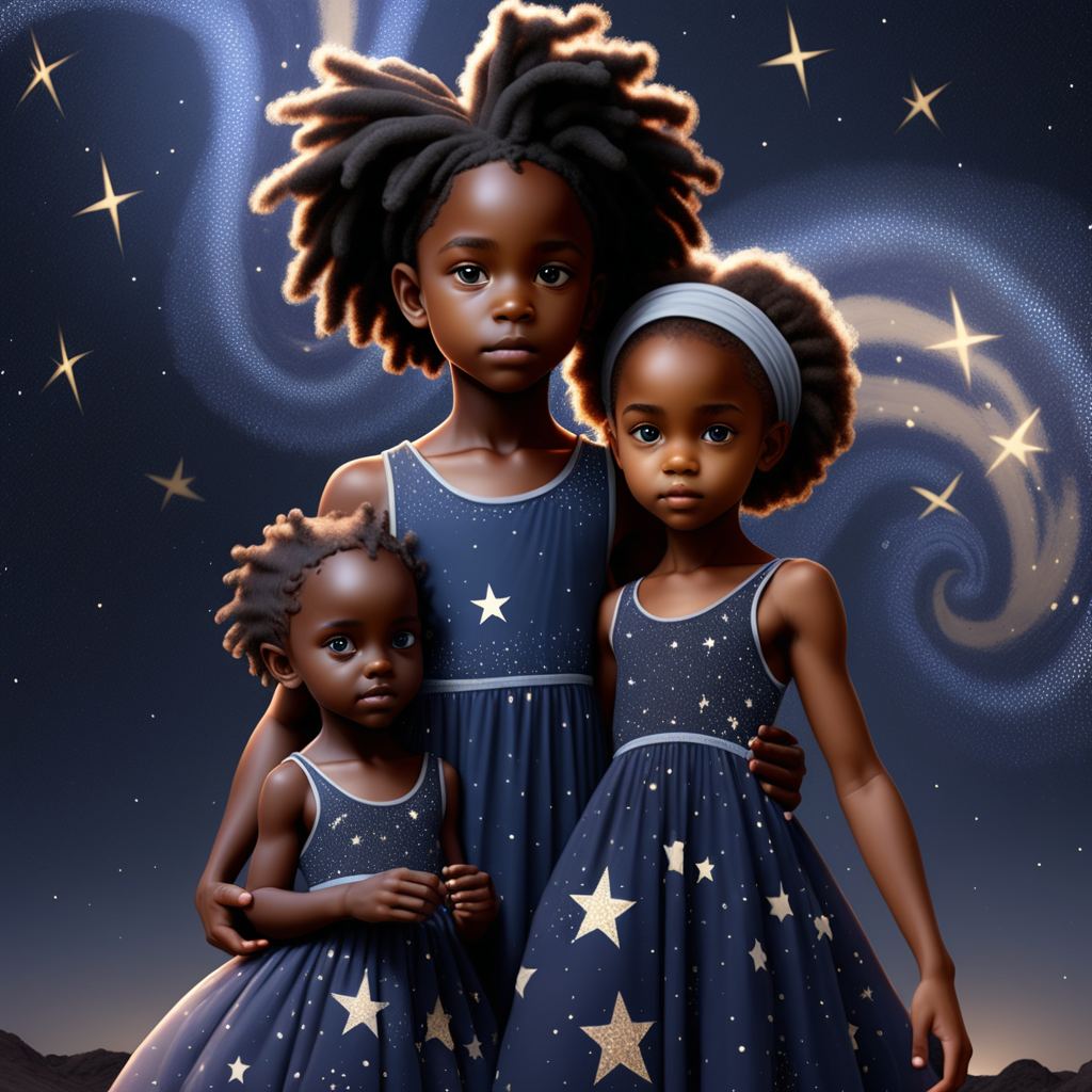 prompt: a black female indigo child with a dress on helping the world with a black girl star seed child standing by his side helping  they are twins but different with stars all around them
 