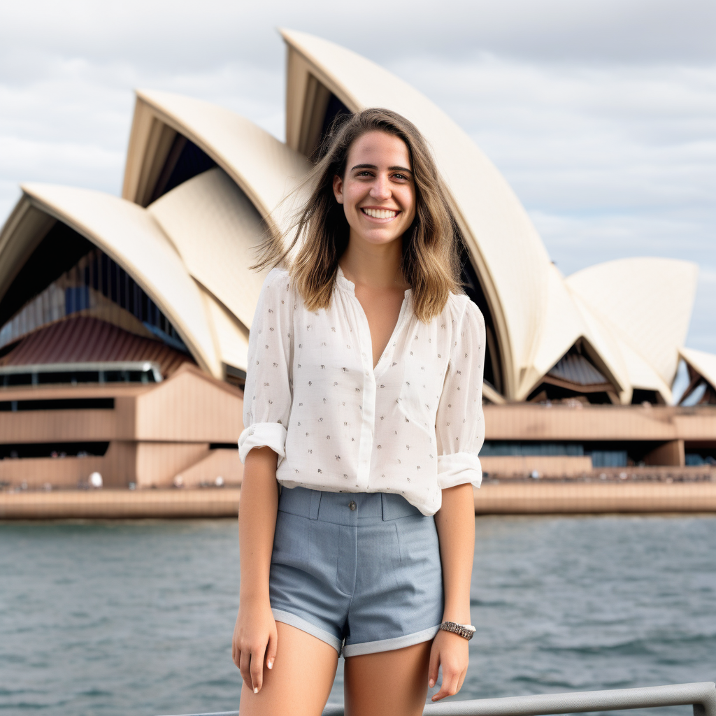 A smiling Emily Feld dressed in shorts and a blouse with Sydney's Opera House in the background