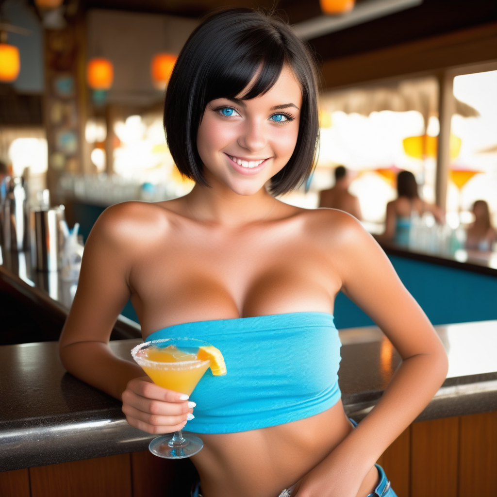 A beautiful, petite, slender, seductive sultry 18 year old girl, 32DDD breasts, short black hair, tanned, tube top, short skirt, smile, sunny, breezy, blue eyes, bar, holding cocktail