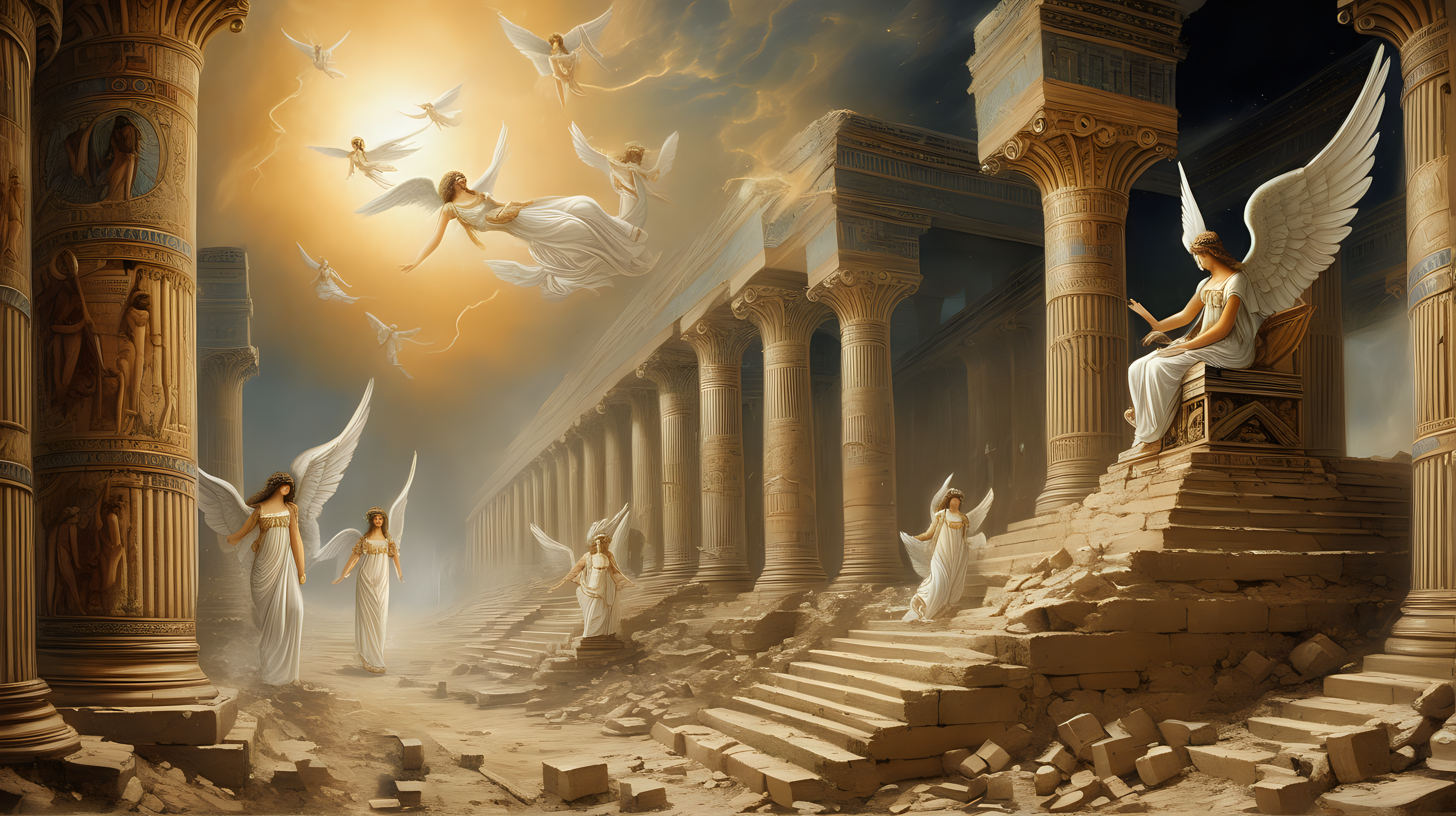 Angels hovering over ancient Babylon in ruins