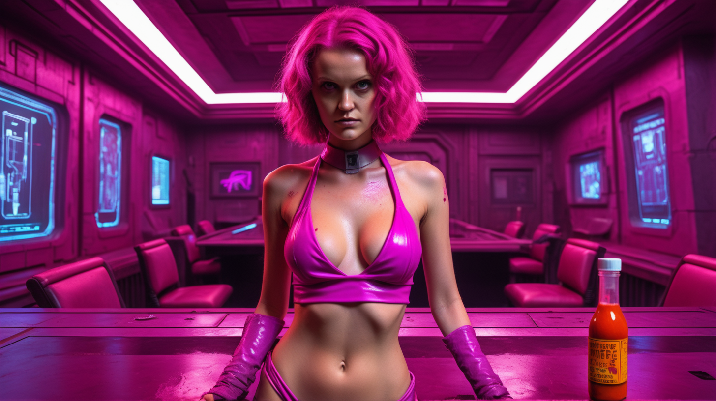 bikini Amilyn Holdo with pink hot sauce in