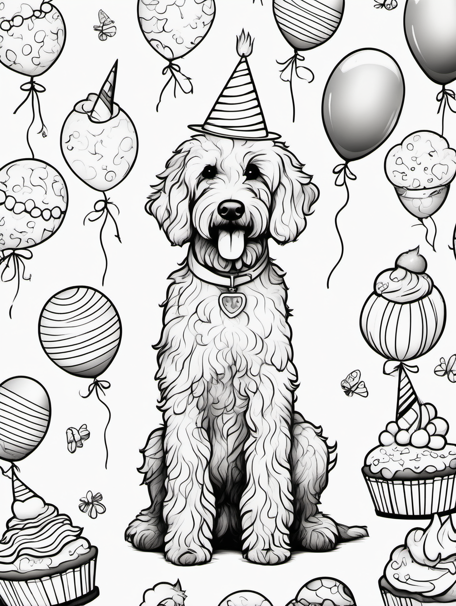 A cute goldendoodle at a whimsical birthday party with other animals in fancy attire for a coloring book with black lines and white background