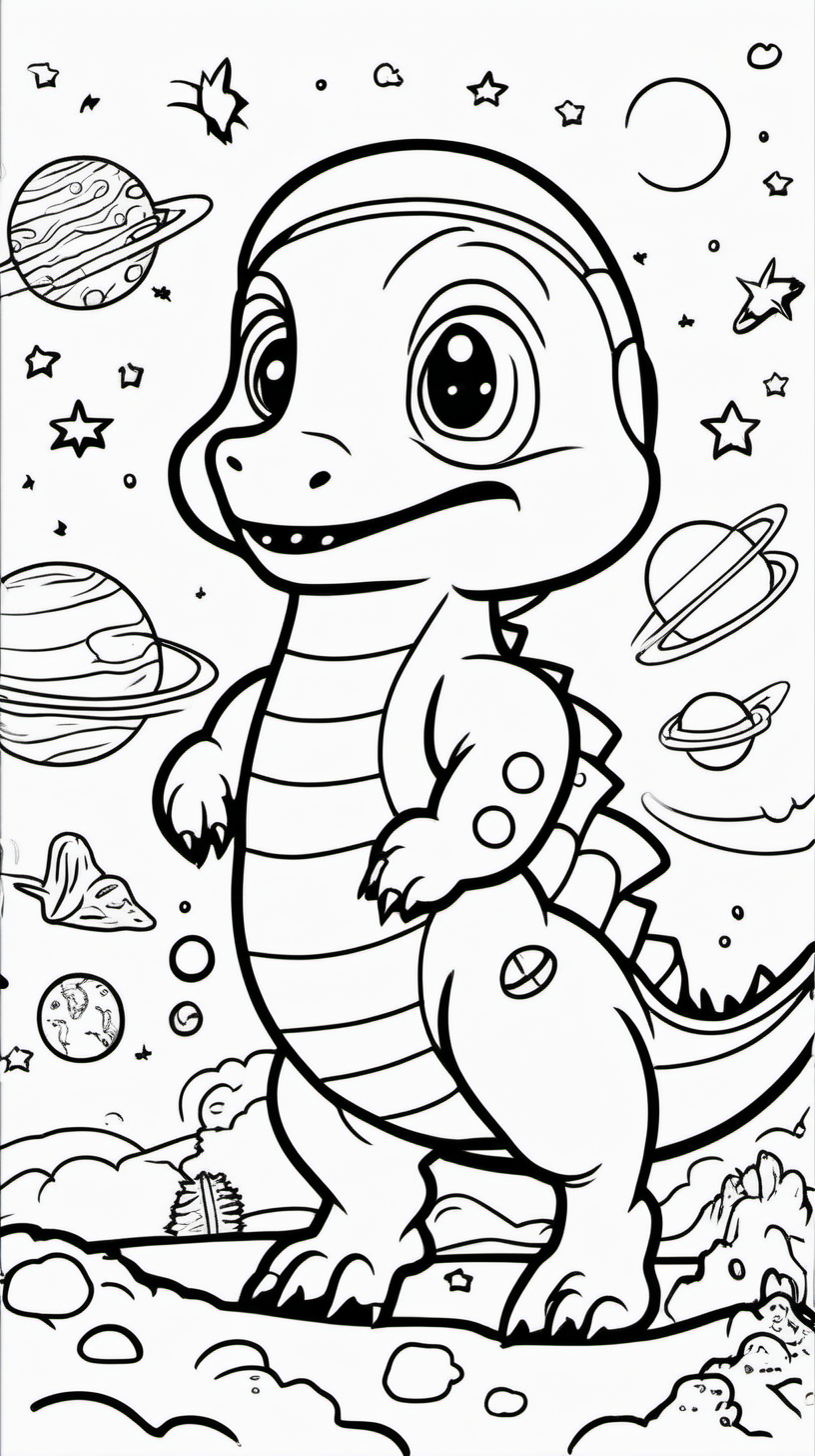 children's coloring book about a dinosaur in spacl with cut  girl background white and cartoon style line draw black  no shadow  mor ideas 