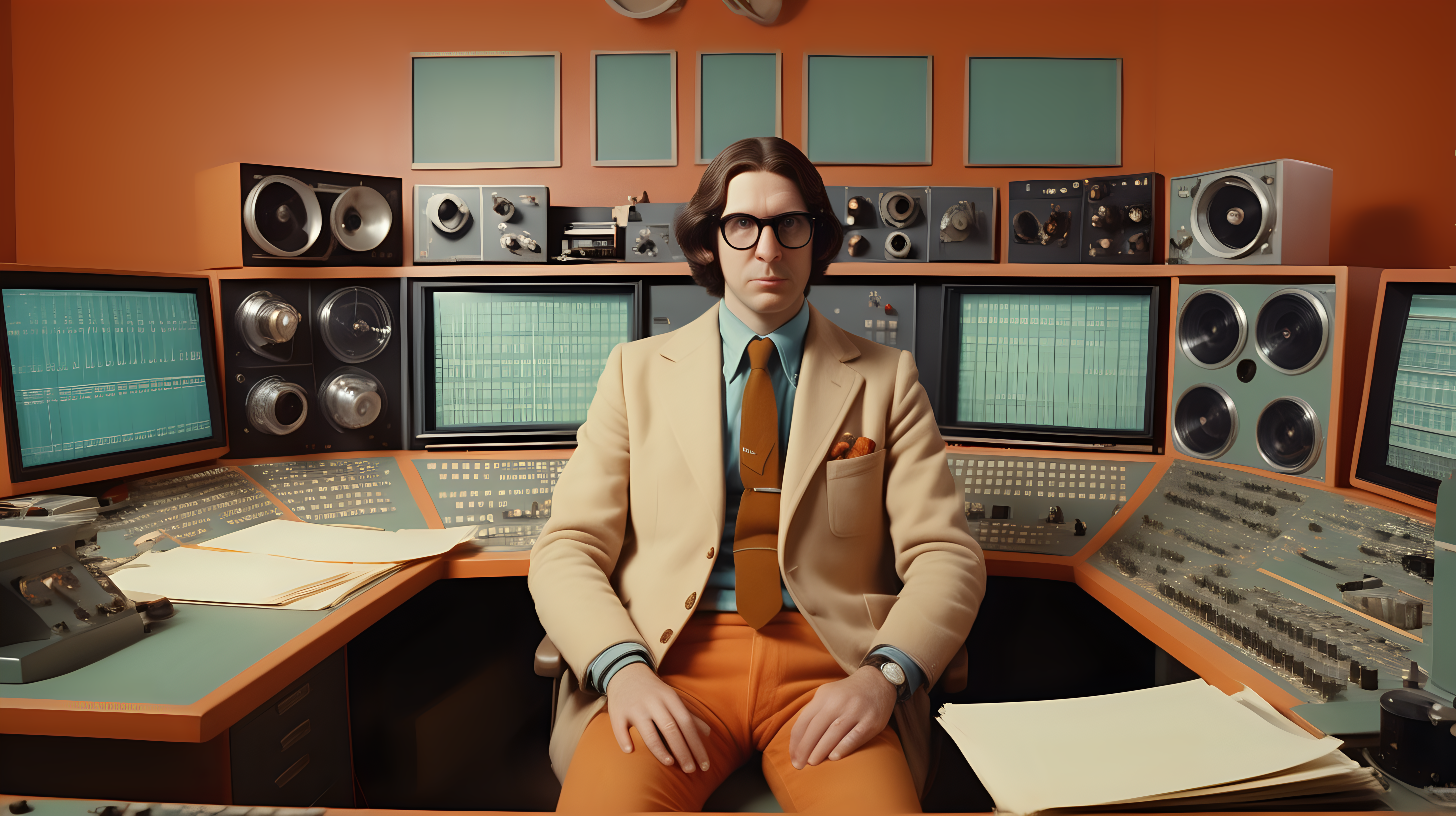 high quality cinematic portrait of a male film editor sitting at a large film editing desk from the 1970s  in the style of a wes anderson film