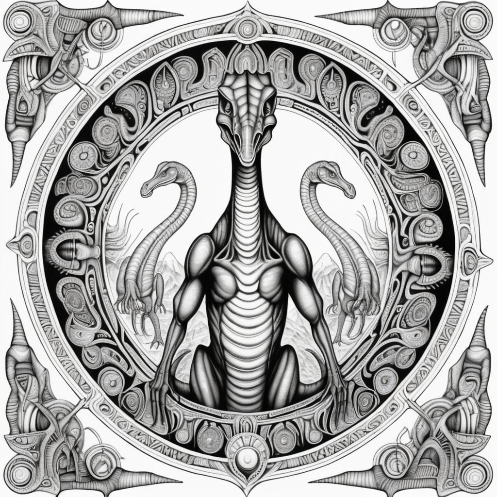 black & white, coloring page, high details, symmetrical mandala, strong lines, brachiosarus with many eyes in style of H.R Giger