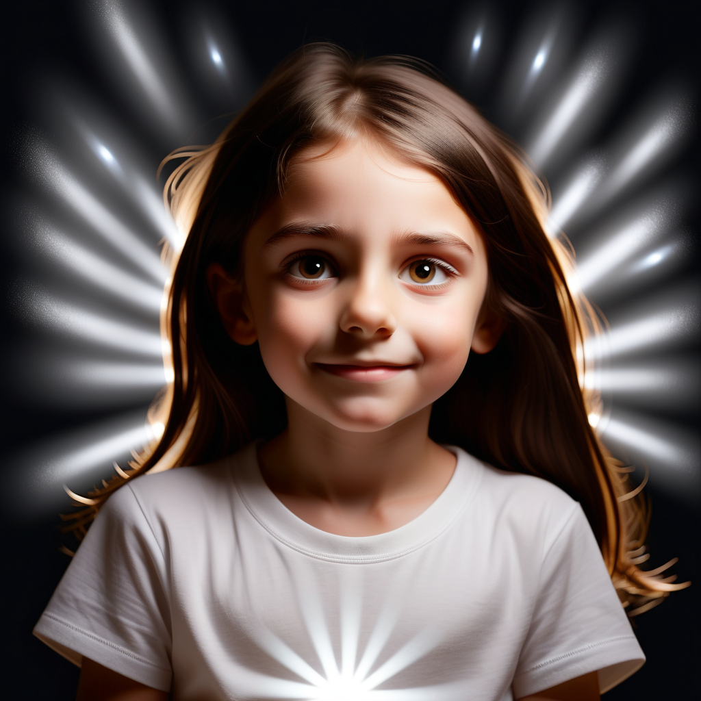 7 years old brunette girl with a white t shirt imagines a magical white light around her to feel better





