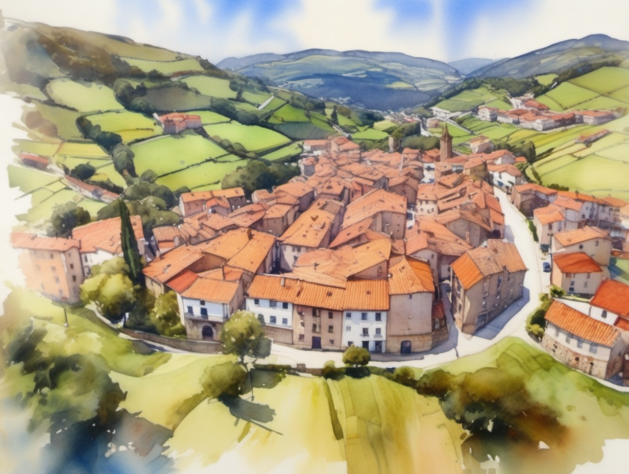 Cantabrian village in watercolor aerial view