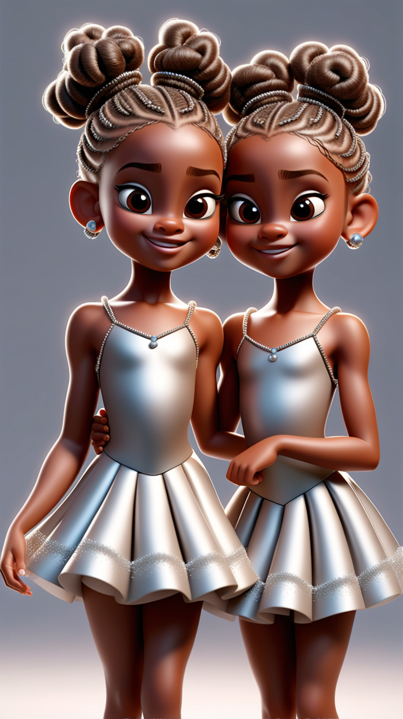 African 10-year-old twin sisters, glowing beautiful light brown skin & one beautiful glowing dark brown skin twin sister. Wearing silver dresses, silver earrings, their hair style is in a ballerina hair bun style with curly baby hair edges and braided hair with silver beaded banes with silver necklace full body. facial expression looking happy 3D Pixar animation