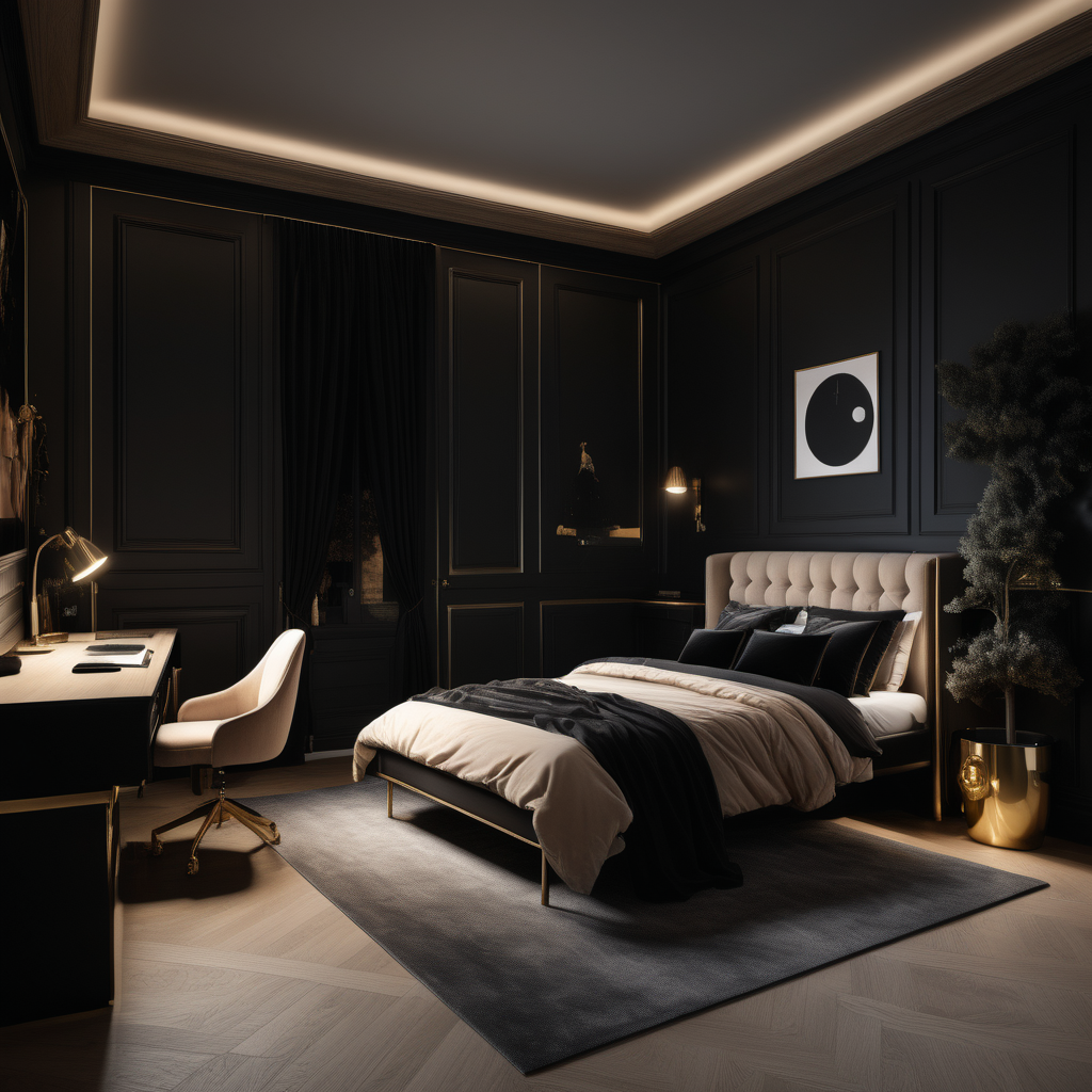 a hyperrealistic of a grand modern Parisian estate home Teenagers bedroom at night with mood lighting, a double bed with a desk, in a beige oak and brass and black colour palette
