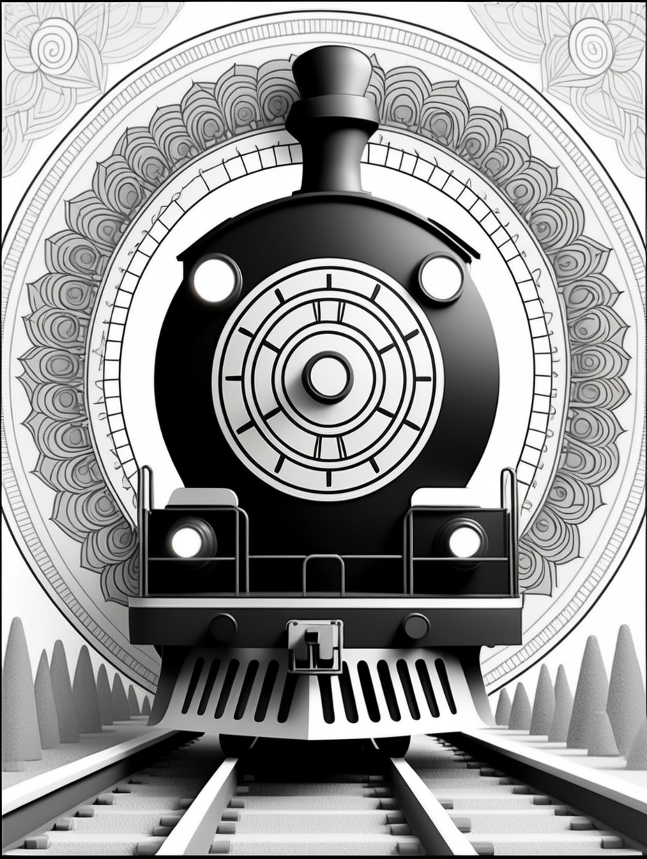 train inspired mandala pattern, black and white, fit to page, children's coloring book, coloring book page, clean line art, line art, no bleed