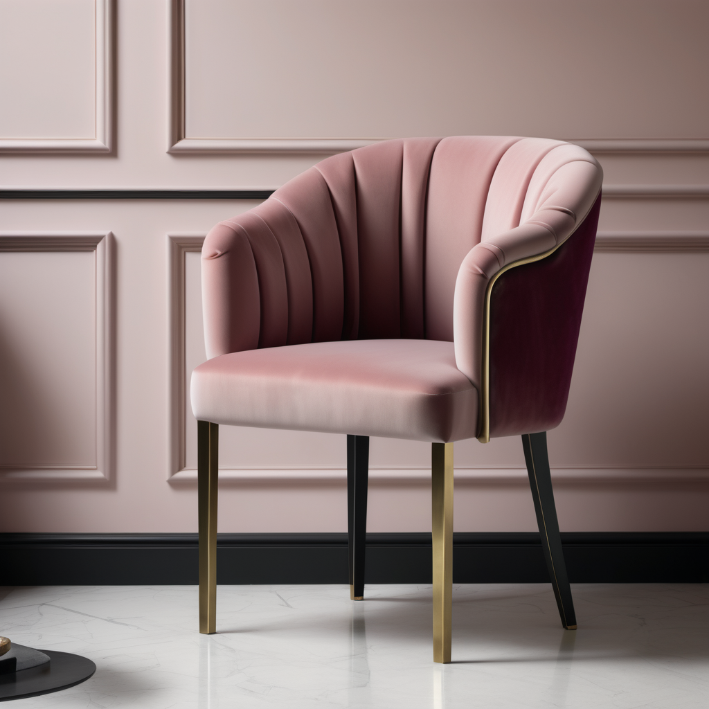 a hyperrealistic image of a velvet modern Parisian  dining chair with arms with black, dusty rose and brass 

