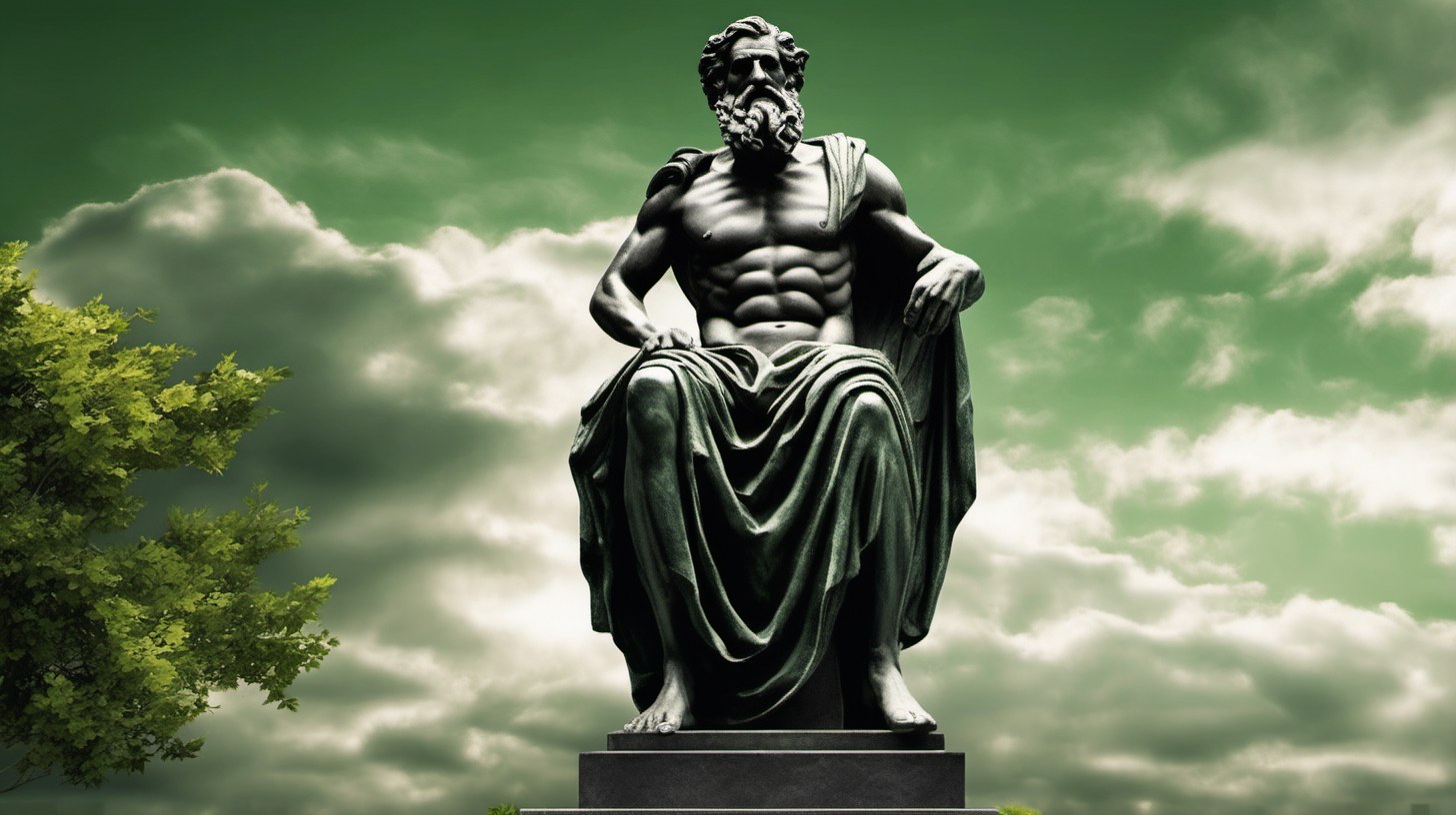 "Generate a captivating representation of a Greek old man embodied as a dark black stone statue against a backdrop of a green cloudy sky. The statue should exhibit well-defined muscles, feature long hair on the beard, wear a single cloth draped over one shoulder, and be complemented by a scattering of dark green stone tree leaves in the surrounding environment. Aim for a composition that captures the essence of ancient Greek aesthetics, combining meticulous detailing and a harmonious interplay of elements."
