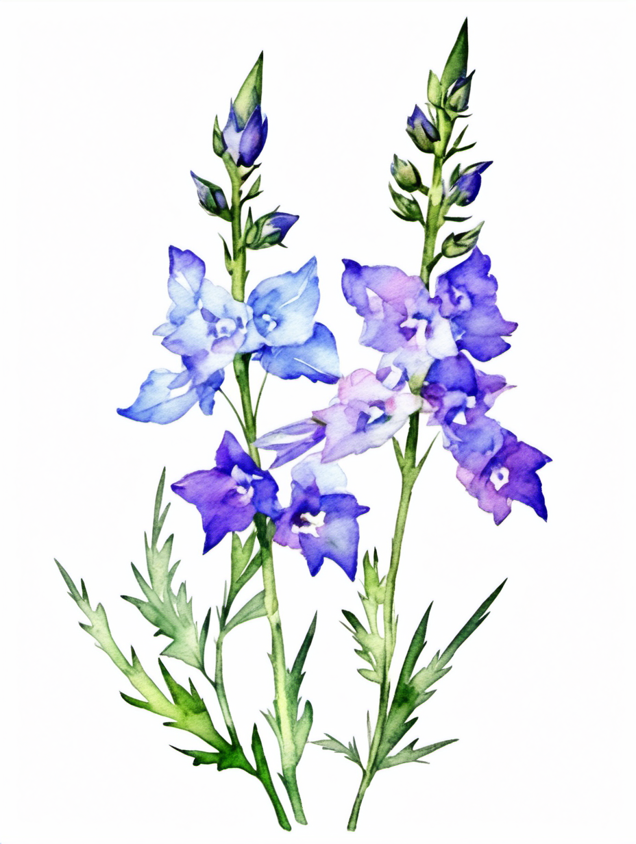 simple single larkspur watercolor style with a white