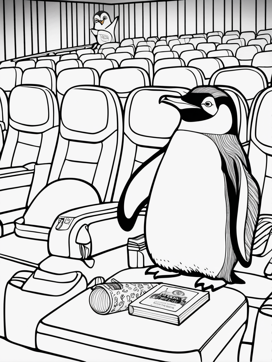 colouring book Penguin watching a movie at the
