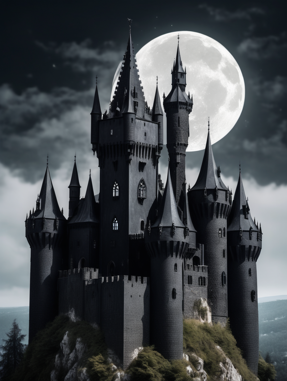 gothic black castle with small windows. 5 pointed towers. No moon. The background is white. The castle looks like Dracula´s castle. 