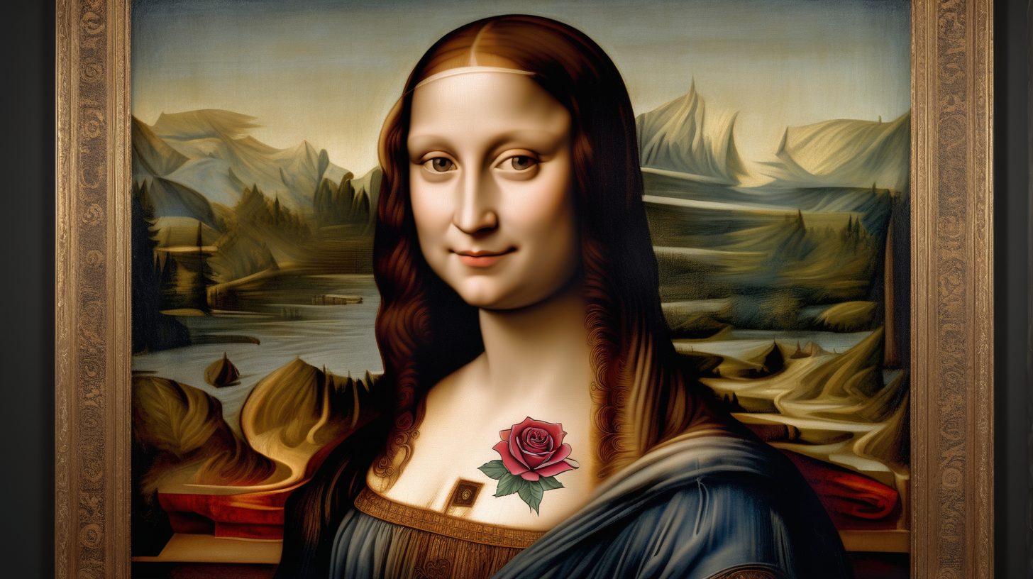 /imagine prompt: An enchanting portrait by Leonardo da Vinci, featuring a woman with rose tattoos on her body and a mysterious smile, same as Monalisa painting, wearing flowing robes adorned with intricate patterns, her gaze captivating and enigmatic, surrounded by soft, diffused lighting, artwork, oil painting on canvas, –ar 16:9 –v 5 -iw 2