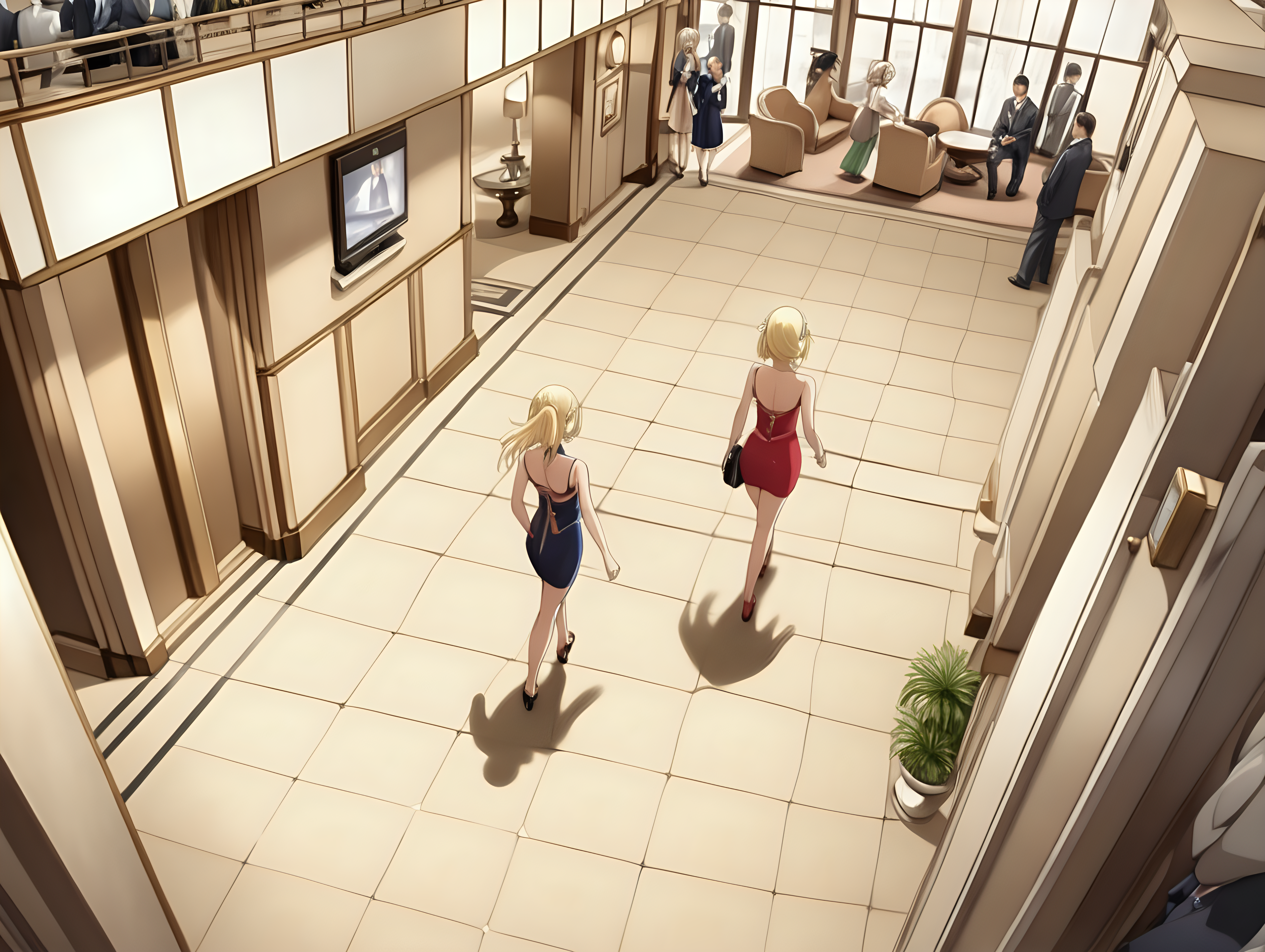 Recepcion de un hotel, mujer rubia sexi elegante andando hacia recepcion.vista desde un metros arriba de su cabeza.anime