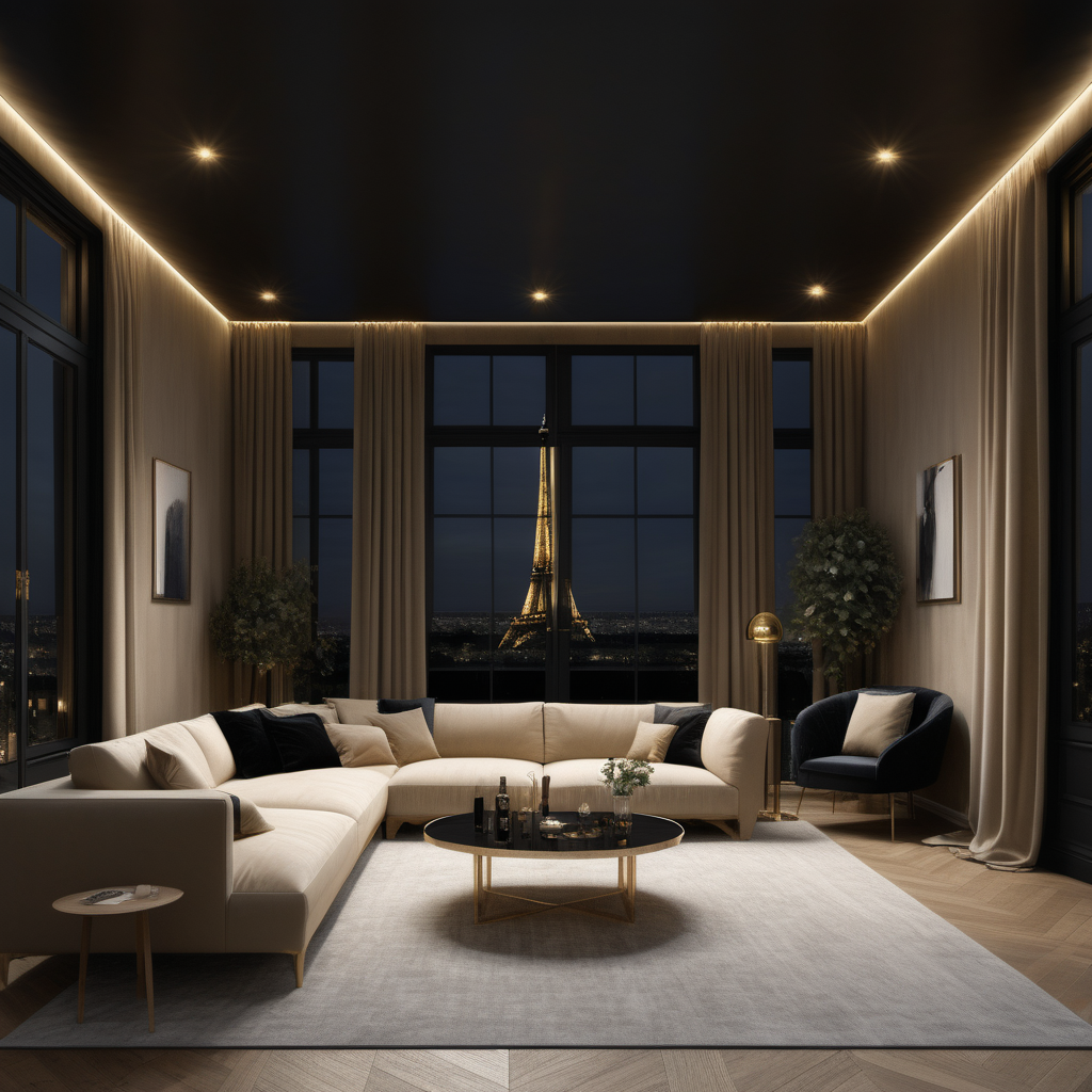 a hyperrealistic image of a grand modern Parisian 6.7x4.7 metre combined lounge room and dining room with windows along one long wall, at night with mood lighting  in beige, oak, brass and black
