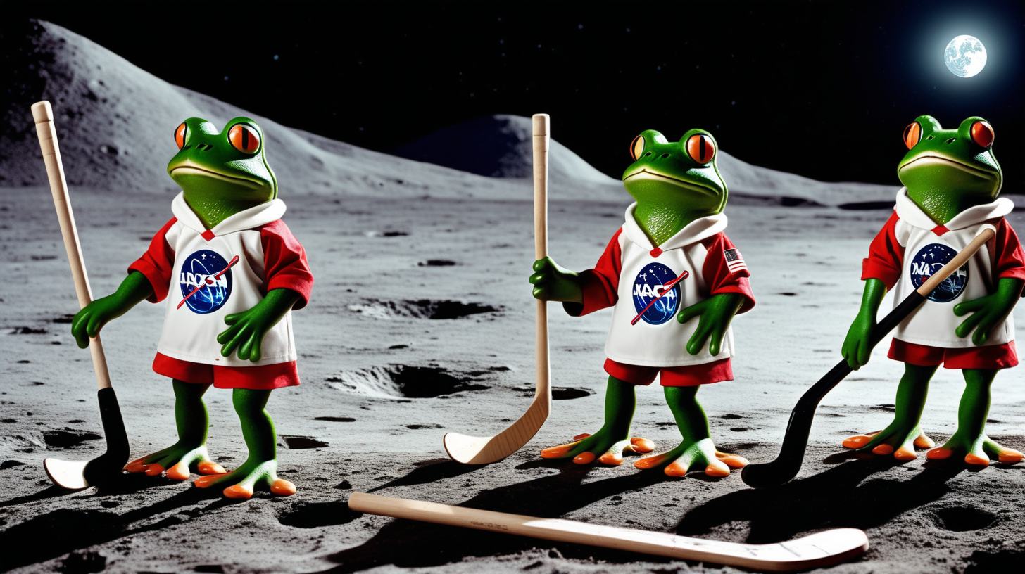 frogs dressed in uniforms playing hockey on the moon
