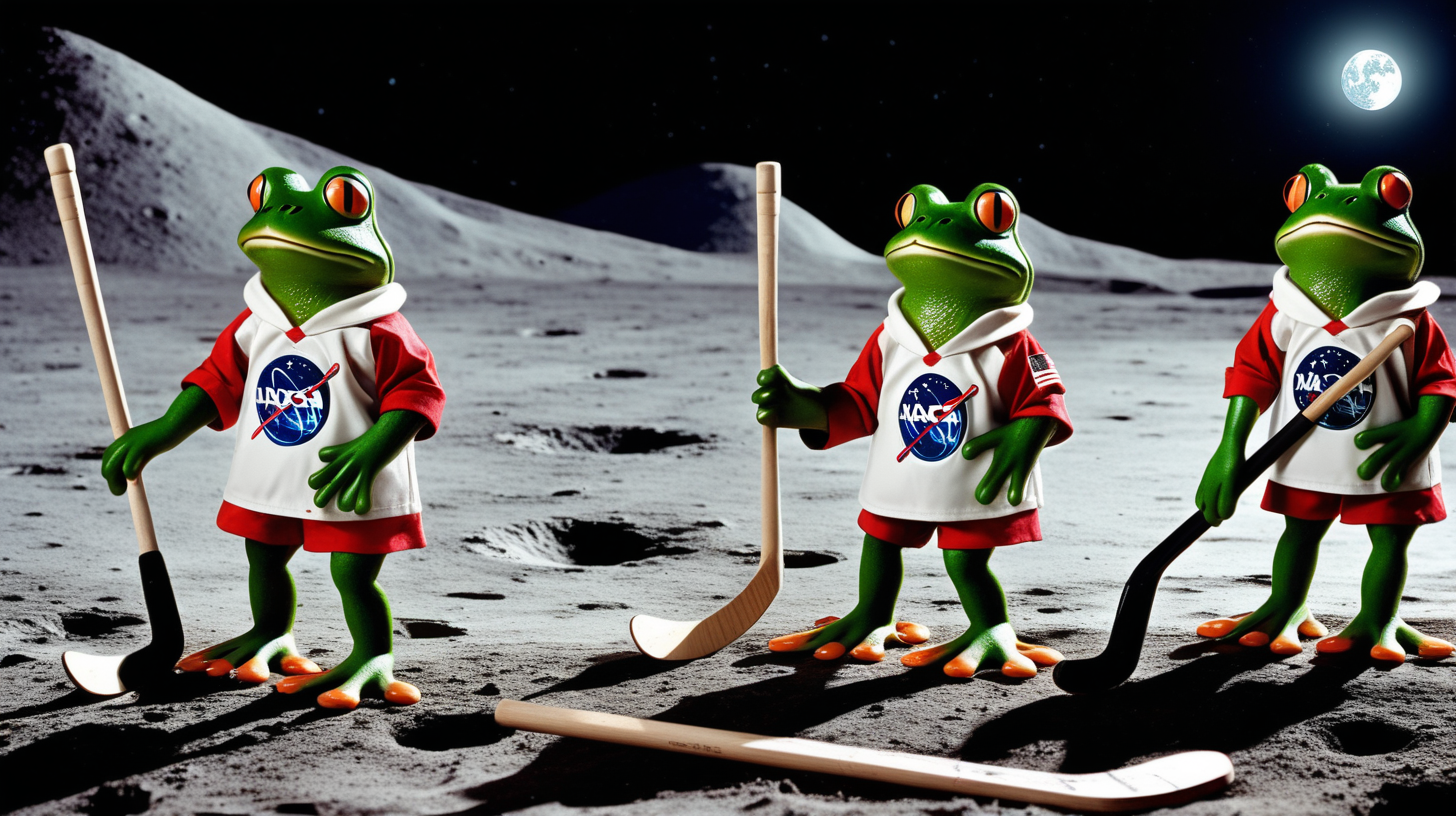 frogs dressed in uniforms playing hockey on the