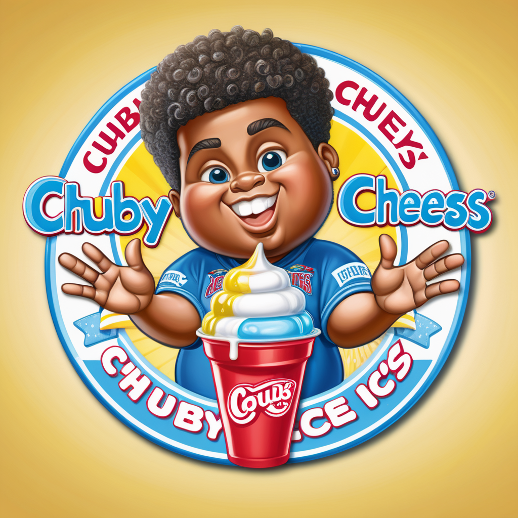 Creat an image of a stylized 3 dimensional emblem with resemblance to a badge or seal. The emblem features the company name “Chubby Cheeks Iceys” in bold raised lettering. The central image is a cute African American boy , a curly high top fade holding one red and blue italian ice in a clear cup and one lemonade 