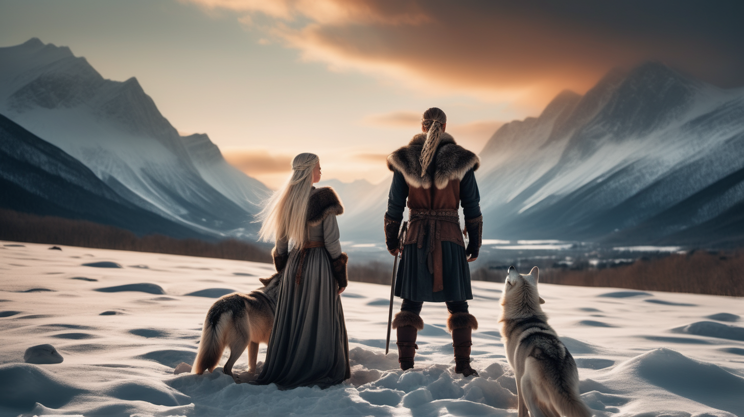 the photo is taken in snowy landscape with mountains in the distance sunset. one beauty woman is standing, a man is on her side. both are watching to the mountains. The photo was take from behind them. The woman is wearing viking indumentary, without weapons, white straight hair. The man wear viking indumentary too. there is a wolf next to them. The lighting in the portrait should be dramatic. Sharp focus. A ultrarealistic perfect example of cinematic shot. Use muted colors to add to the scene.