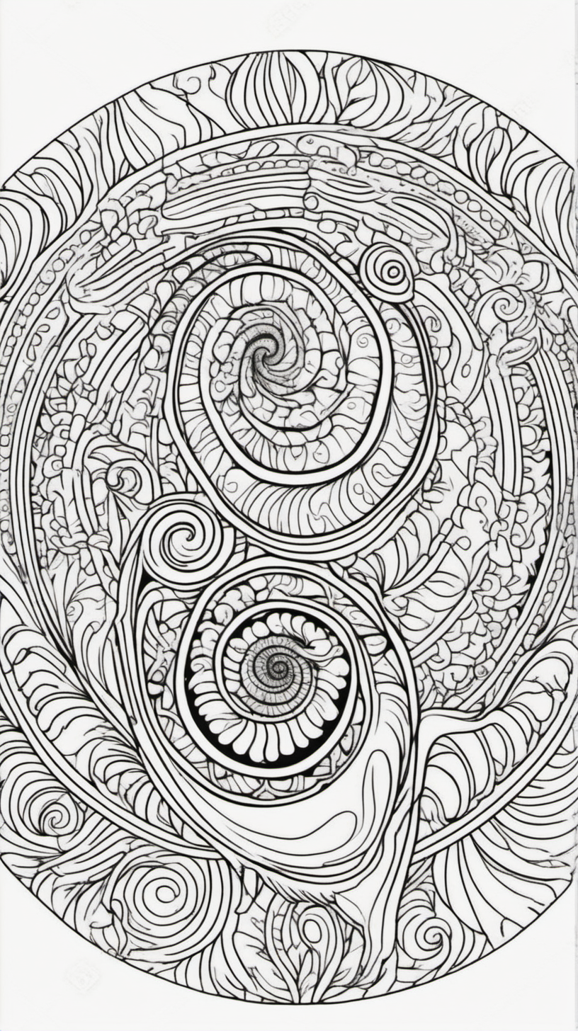 snail, mandala background, coloring book page, clean line art, no color