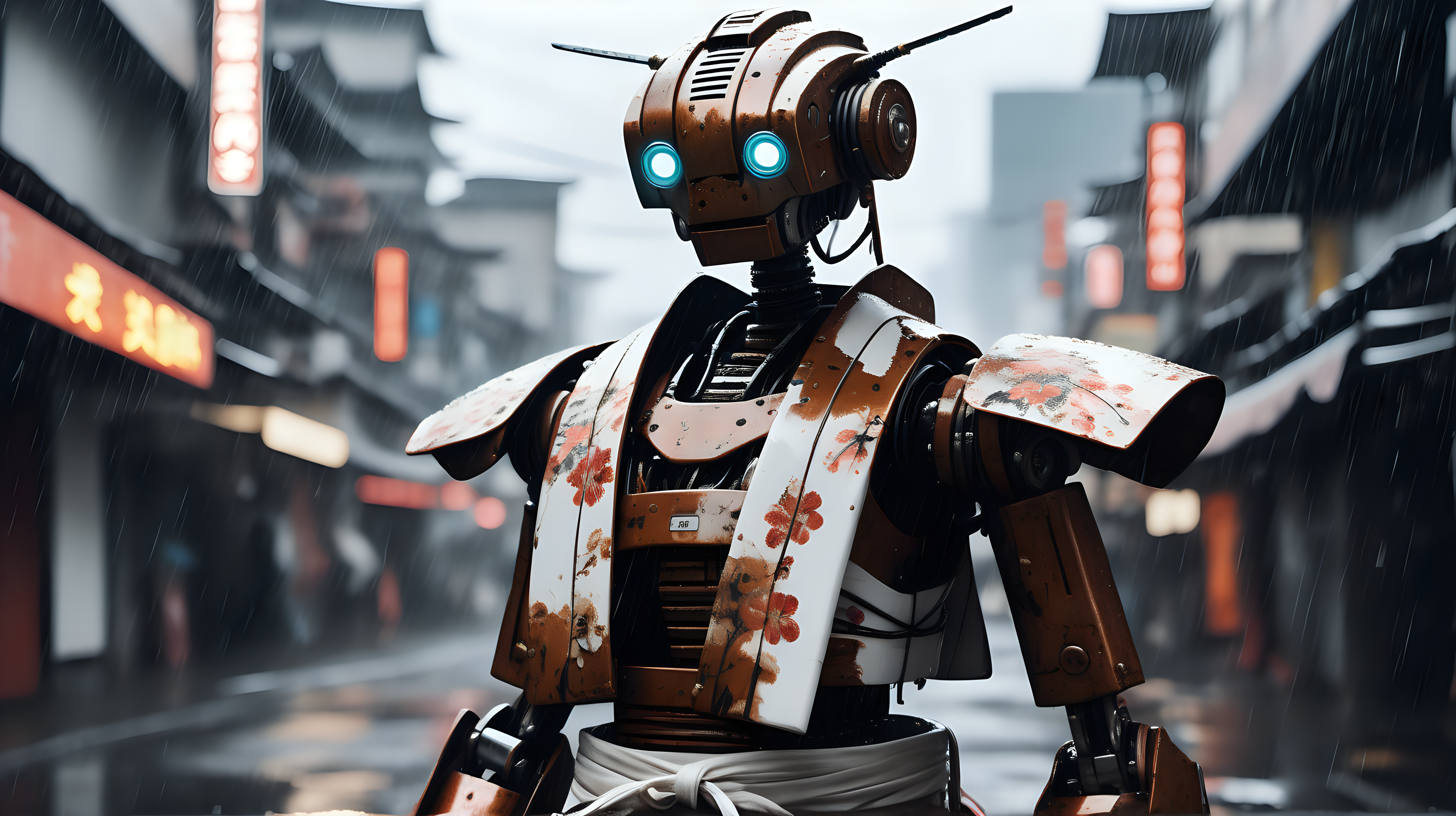 best quality, ultra-realistic photograph of Rusted robot, looks broken, wearing a traditional white and black flowered kimono, katana attached to belt, heavy rain in close forced perspective, blurred cyberpunk city in distance