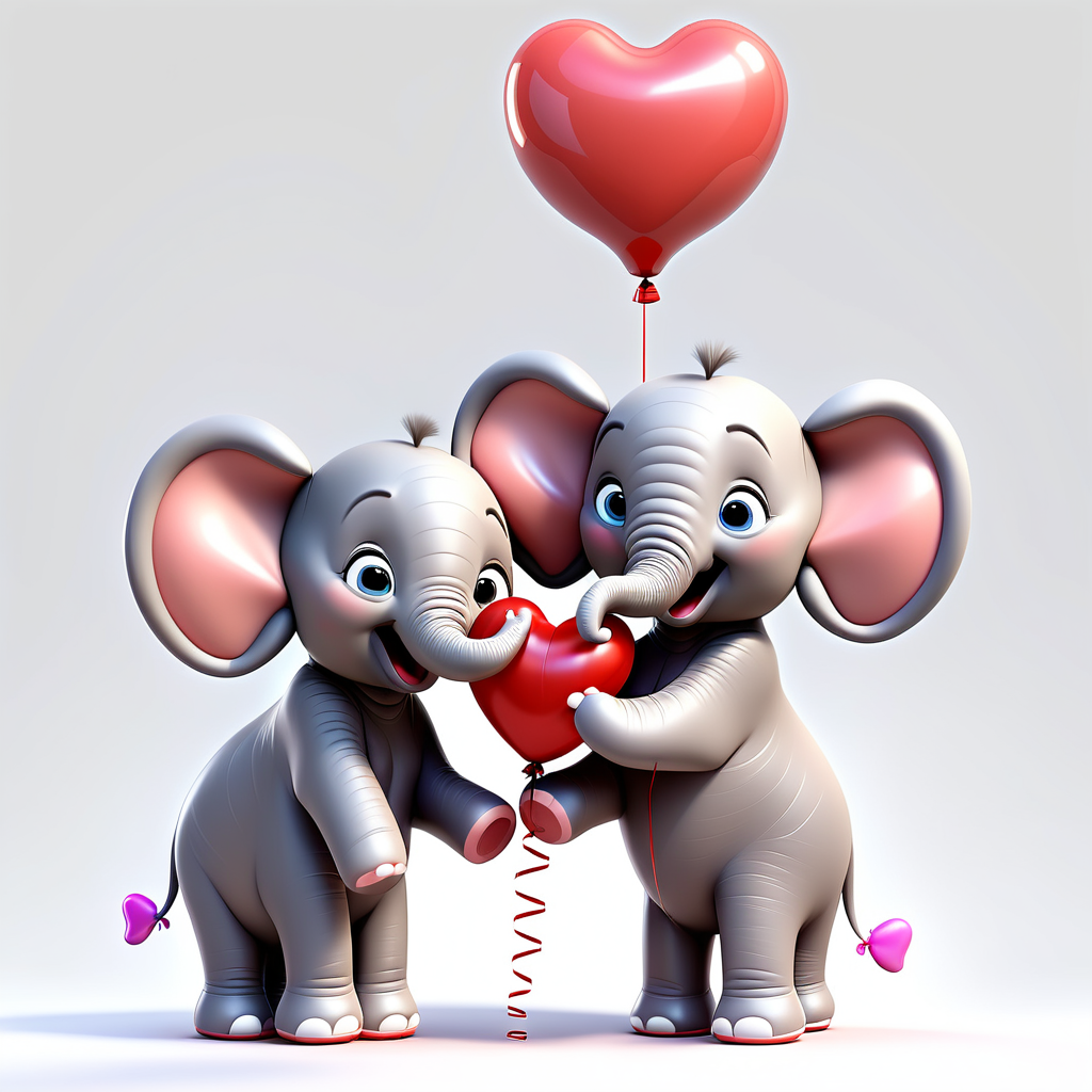 /envision prompt: "Adorable Pixar 3D Baby Elephant Couple" on a white background, holding heart-shaped balloons and sharing a loving gaze. Their expressions convey tender affection, and the overall scene radiates Valentine's warmth. --v 5 --stylize 1000