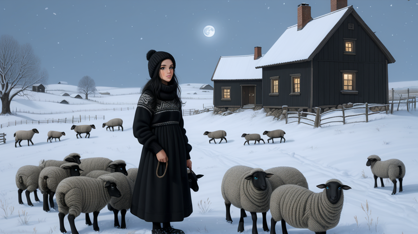 30 years old peasant woman with green eyes and long black hair wearing  a super thick black knitted wool sweater, a knitted hat, thick black leggings, high knitted woolen socks,black low rubber galoshes. He digs in the fields and clears the snow. Around her there are animals - brown sheeps. Near is the old wooden house Everything is covered in snow. I'ts night. Moon is on sky full with stars.
