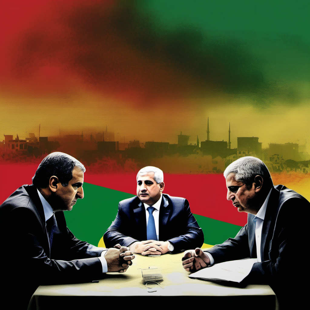 Ceasefires and Negotiations: A tense but hopeful scene of a ceasefire negotiations for Gaza between leaders from Palestine and westren countries, using a color transition from dark to light to symbolize the move from conflict to peace.

